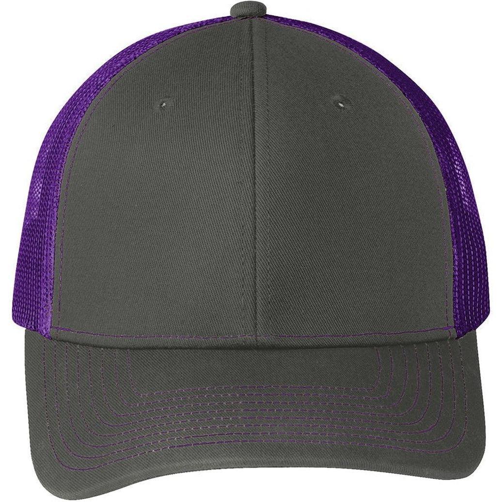 no-logo Port Authority Snapback Trucker Cap-Headwear-Port Authority-Grey Steel/Purple-OSFA-Thread Logic