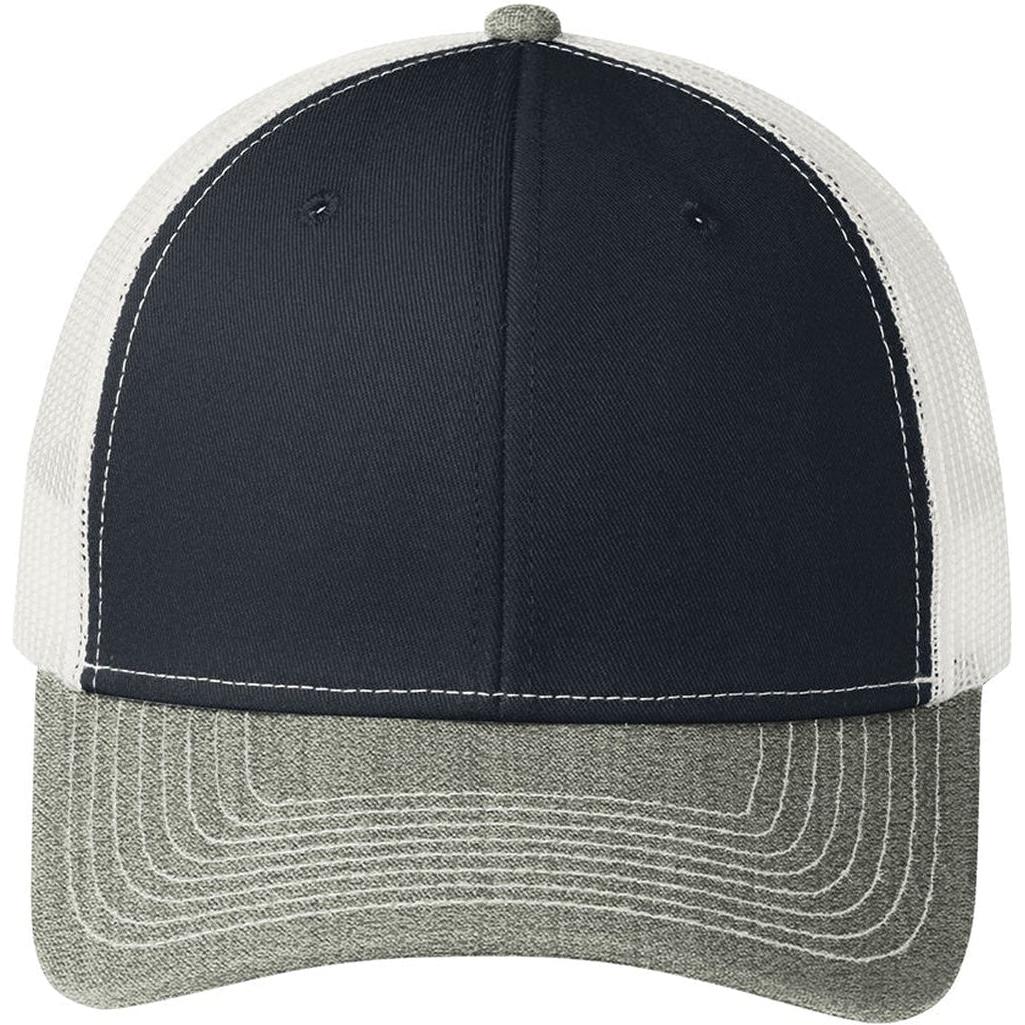 no-logo Port Authority Snapback Trucker Cap-Headwear-Port Authority-Rich Navy/Heather Grey/White-OSFA-Thread Logic