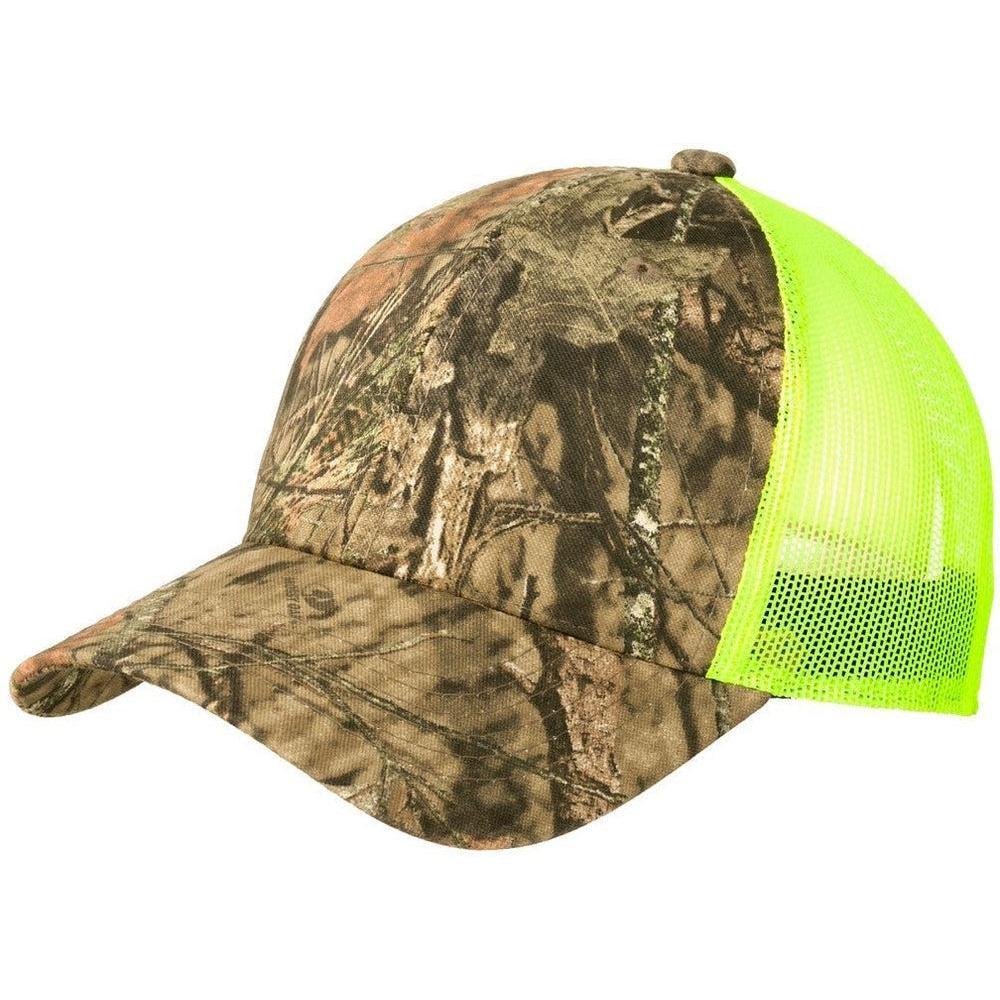 no-logo Port Authority Structured Camouflage Mesh Back Cap-Headwear-Port Authority-Mossy Oak Break-up Country/Neon Yellow-OSFA-Thread Logic