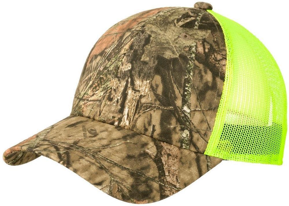 no-logo Port Authority Structured Camouflage Mesh Back Cap-Regular-Port Authority-Mossy Oak Break-up Country/Neon Yellow-OSFA-Thread Logic