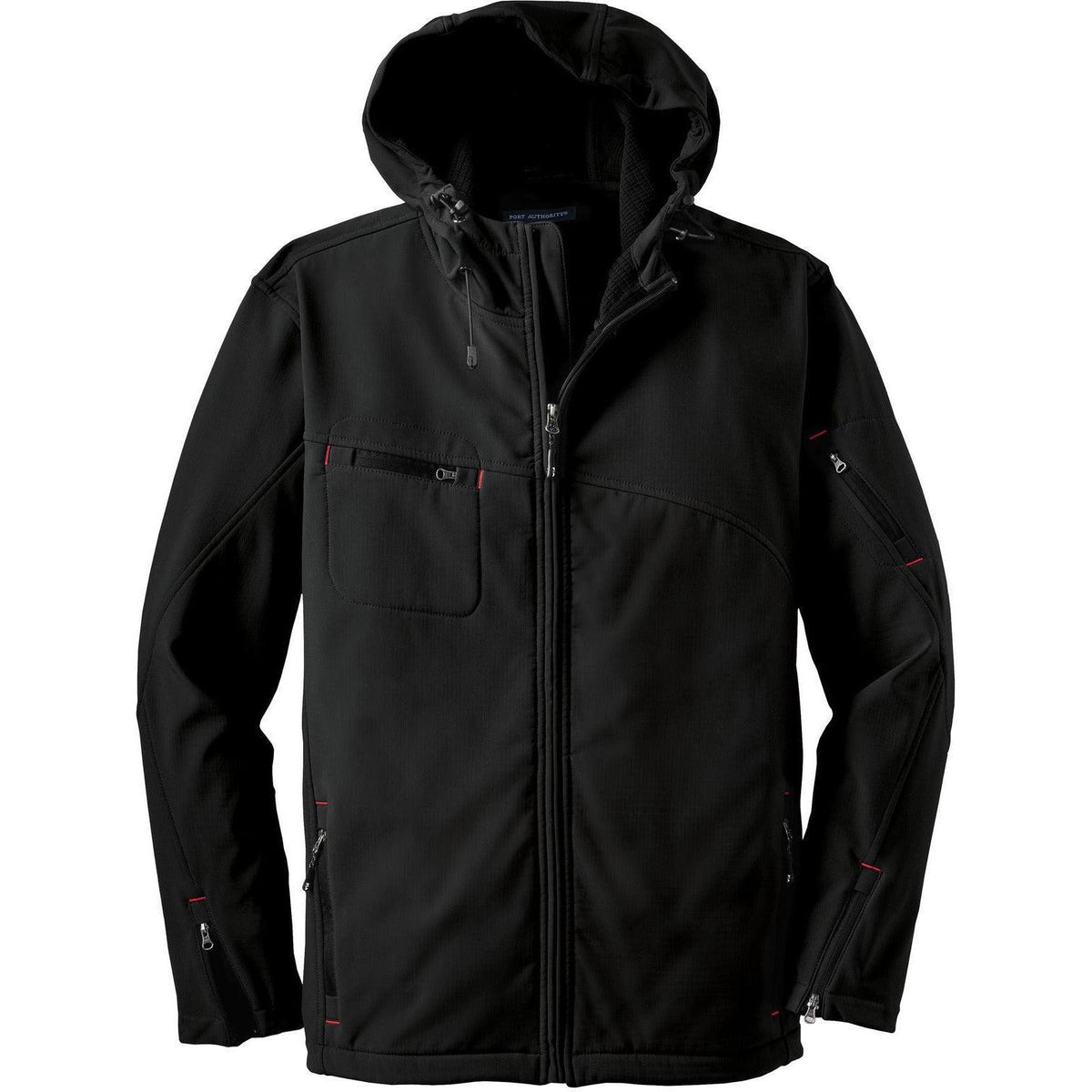 no-logo Port Authority Textured Hooded Soft Shell Jacket-Regular-Port Authority-Black/Engine Red-S-Thread Logic