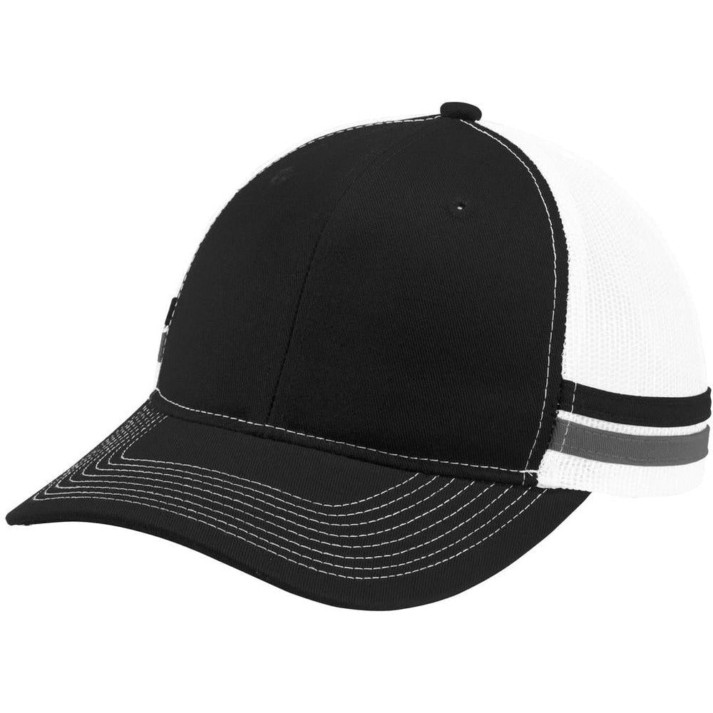 no-logo Port Authority Two-Stripe Snapback Trucker Cap-Headwear-Port Authority-Black/Grey Steel/White-OSFA-Thread Logic