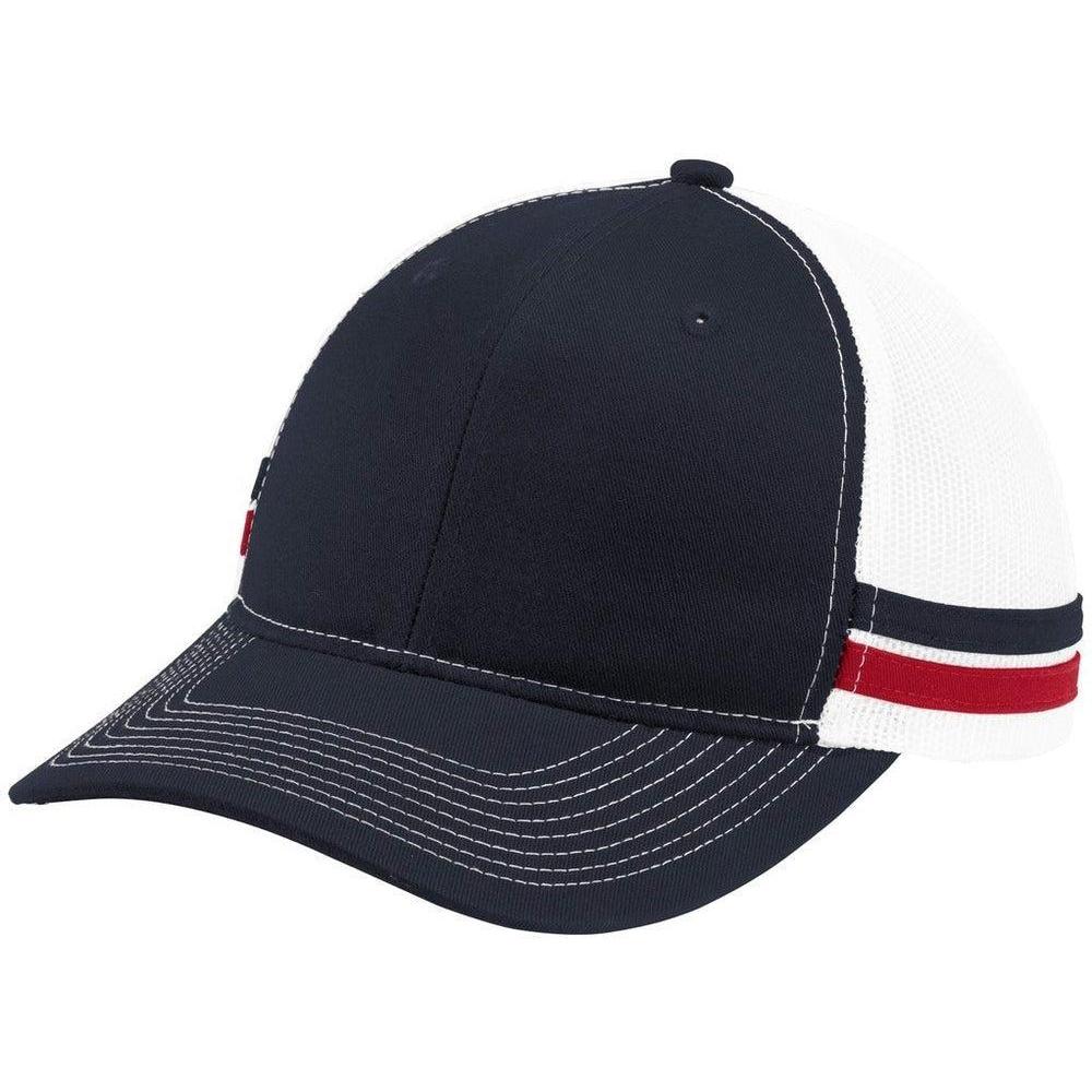 no-logo Port Authority Two-Stripe Snapback Trucker Cap-Headwear-Port Authority-Rich Navy/Flame Red/White-OSFA-Thread Logic