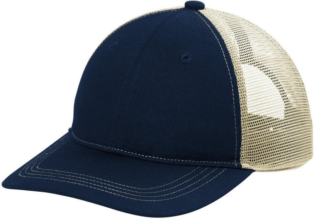 no-logo Port Authority Unstructured Snapback Trucker Cap-Caps-Port Authority-True Navy/ Tan-1 Size-Thread Logic