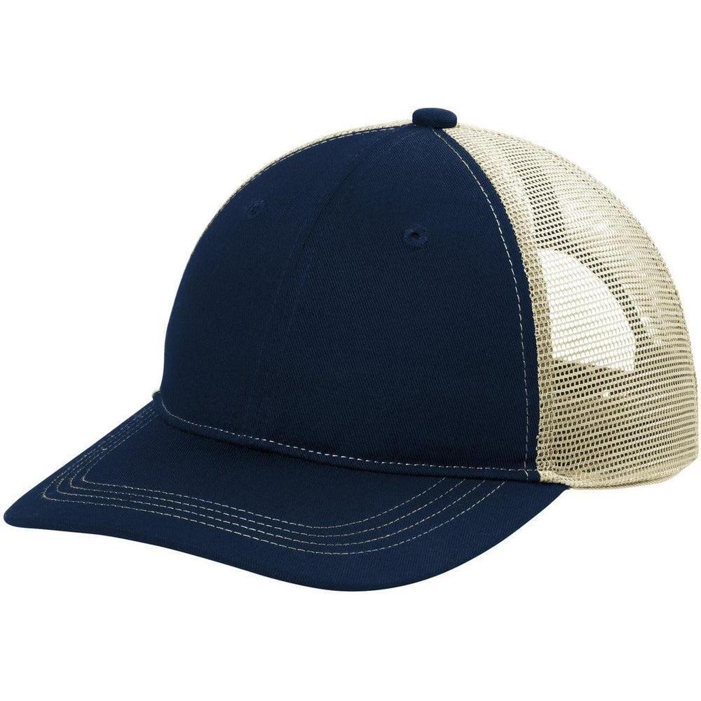 no-logo Port Authority Unstructured Snapback Trucker Cap-Caps-Port Authority-True Navy/ Tan-1 Size-Thread Logic