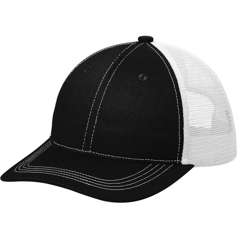 no-logo Port Authority Unstructured Snapback Trucker Cap-Caps-Port Authority-Black/ White-1 Size-Thread Logic