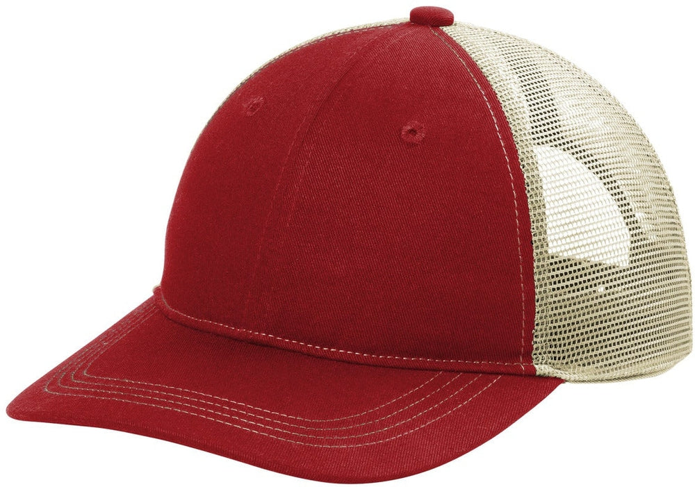 no-logo Port Authority Unstructured Snapback Trucker Cap-Caps-Port Authority-Flame Red/ Tan-1 Size-Thread Logic
