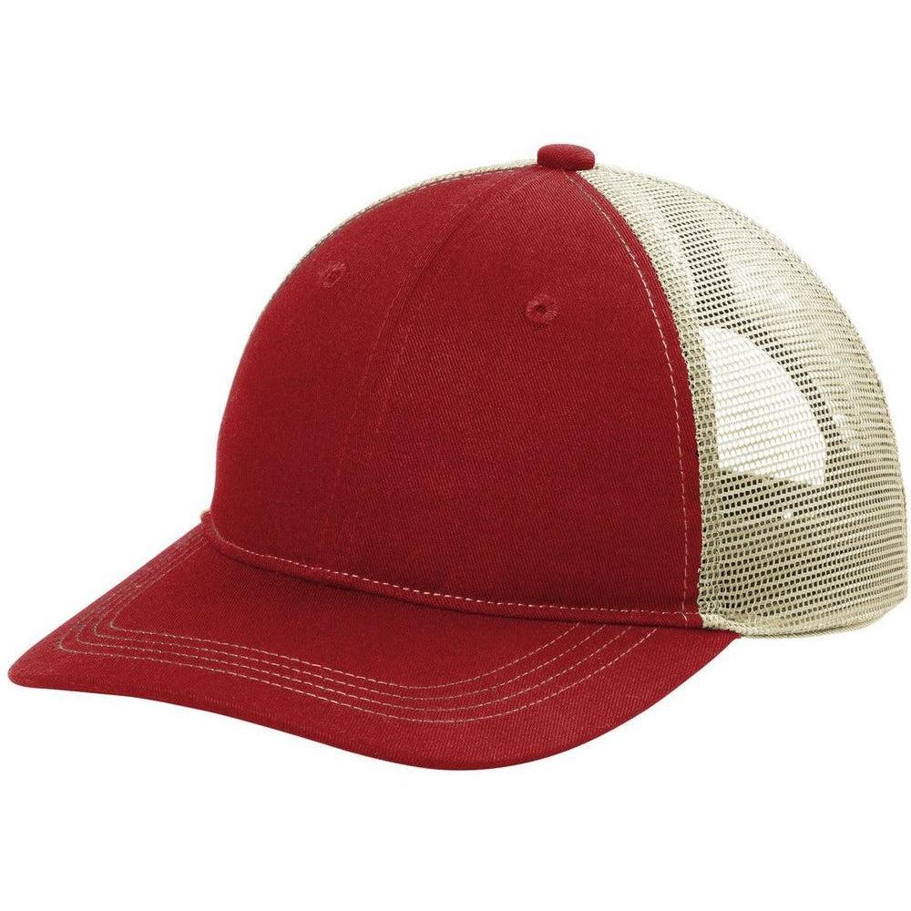 no-logo Port Authority Unstructured Snapback Trucker Cap-Caps-Port Authority-Flame Red/ Tan-1 Size-Thread Logic