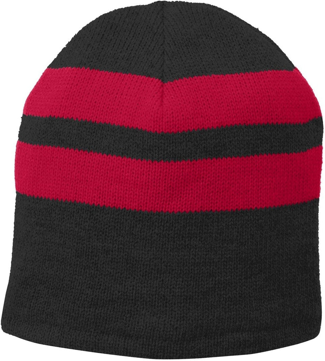 no-logo Port & Company Fleece-Lined Striped Beanie Cap-Regular-Port & Company-Black/Athletic Red-OSFA-Thread Logic