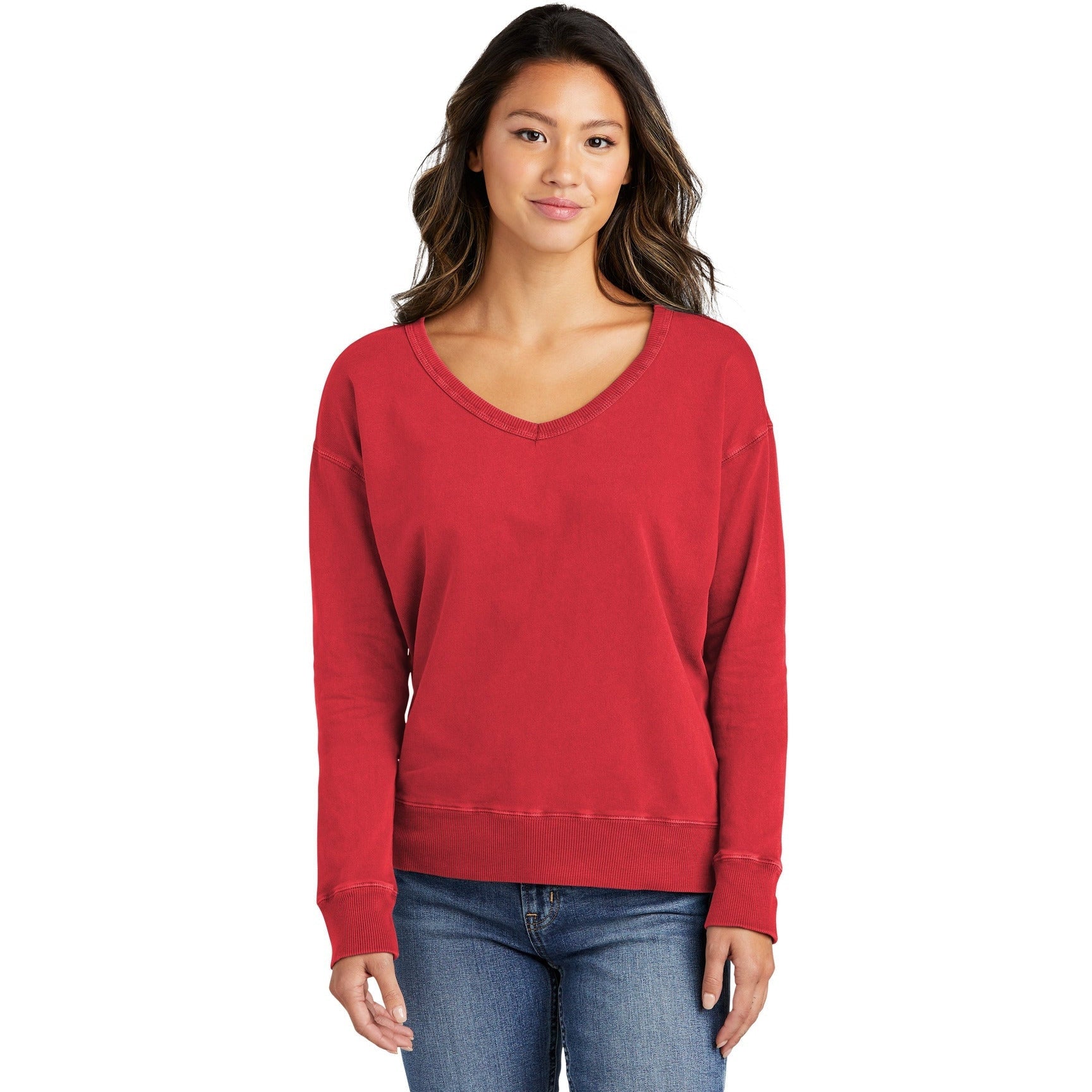no-logo Port & Company Ladies Beach Wash Garment-Dyed V-Neck Sweatshirt-Apparel-Port & Company-Thread Logic