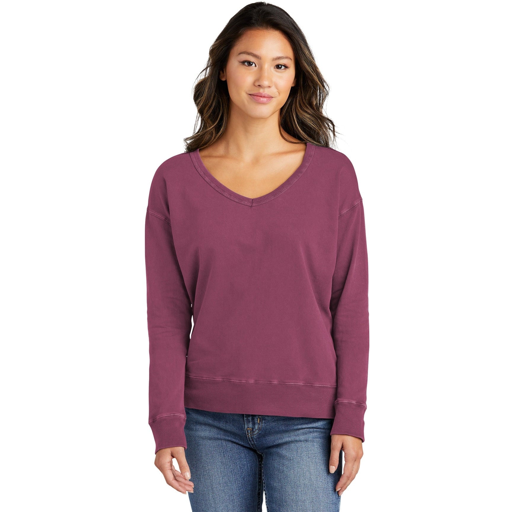 no-logo Port & Company Ladies Beach Wash Garment-Dyed V-Neck Sweatshirt-Apparel-Port & Company-Thread Logic