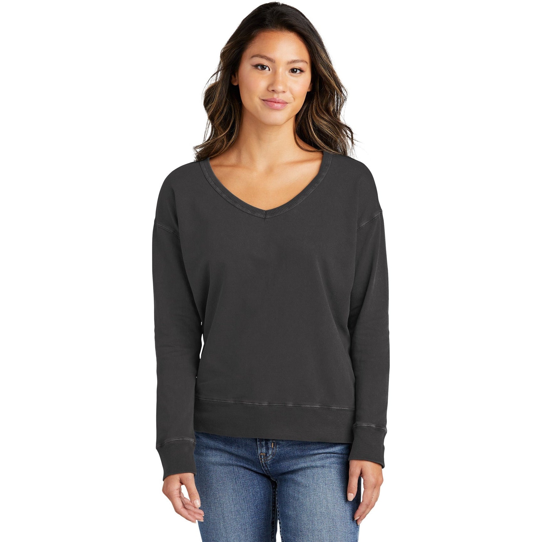 no-logo Port & Company Ladies Beach Wash Garment-Dyed V-Neck Sweatshirt-Apparel-Port & Company-Thread Logic