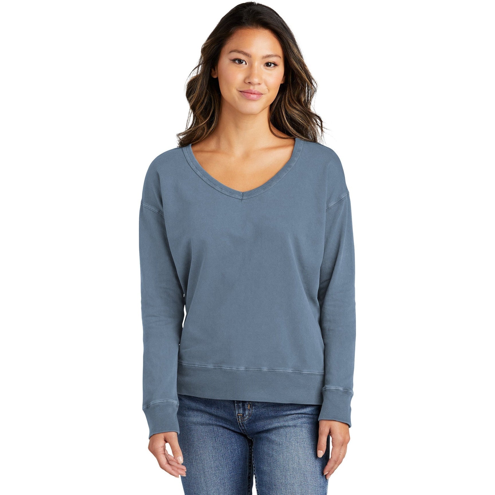 no-logo Port & Company Ladies Beach Wash Garment-Dyed V-Neck Sweatshirt-Apparel-Port & Company-Thread Logic