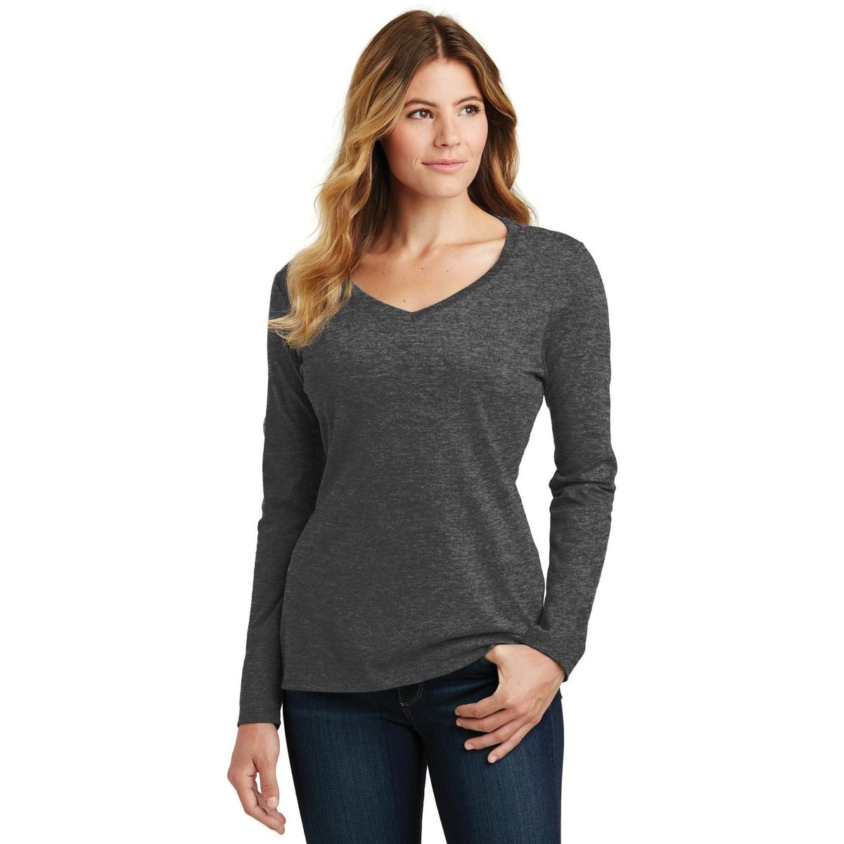 no-logo Port & Company Ladies Long Sleeve Fan Favorite V-Neck Tee-Regular-Port & Company-Thread Logic