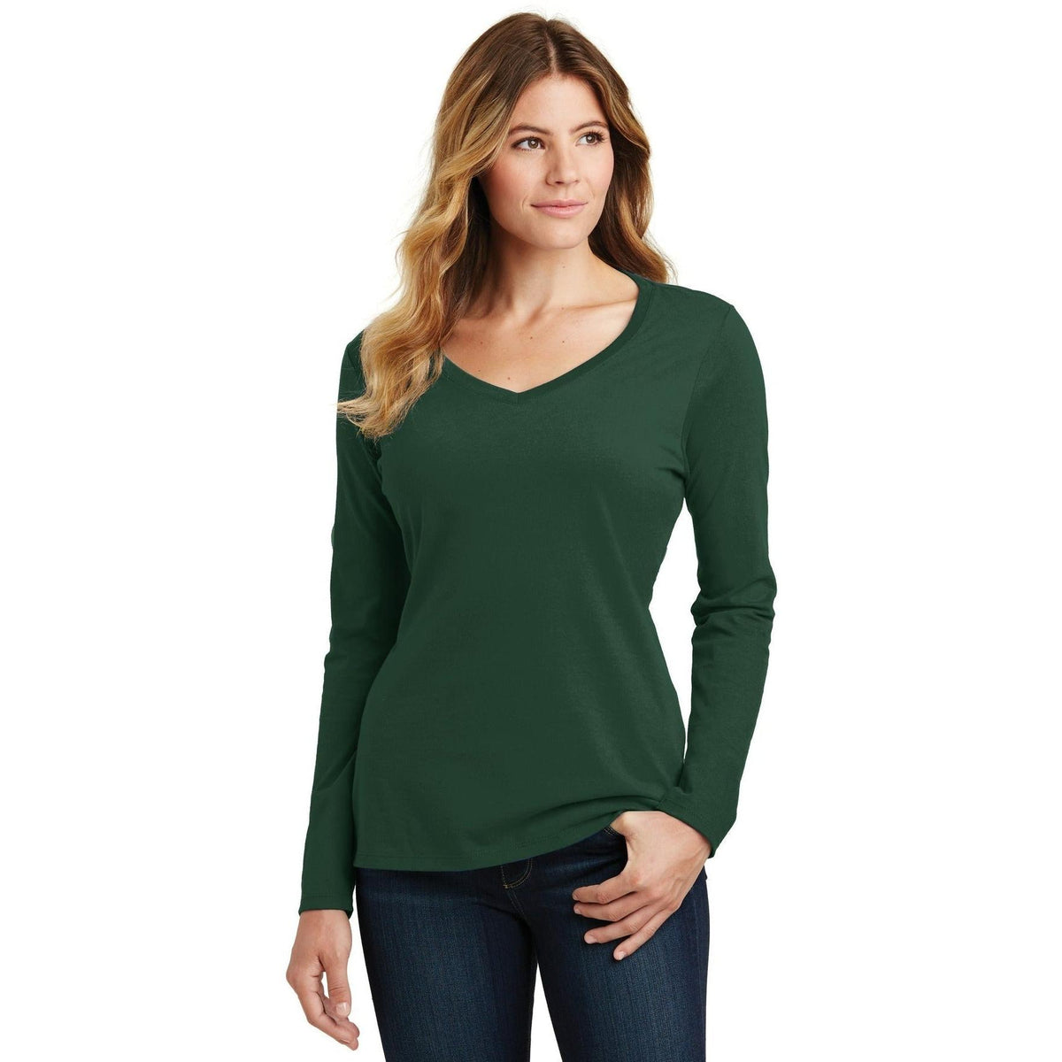 no-logo Port & Company Ladies Long Sleeve Fan Favorite V-Neck Tee-Regular-Port & Company-Thread Logic