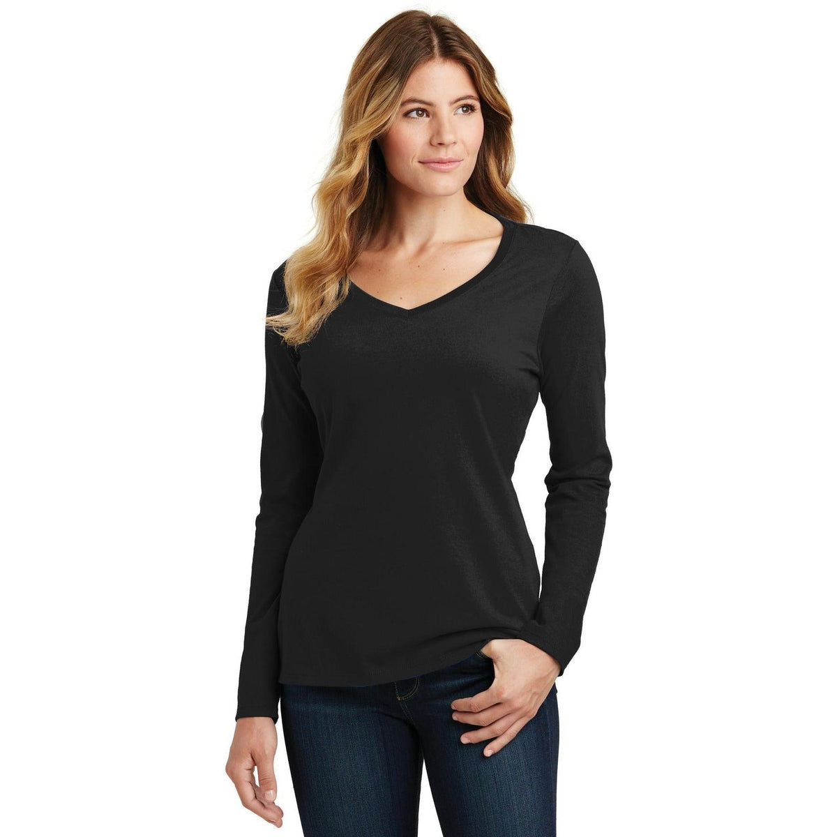 no-logo Port & Company Ladies Long Sleeve Fan Favorite V-Neck Tee-Regular-Port & Company-Thread Logic