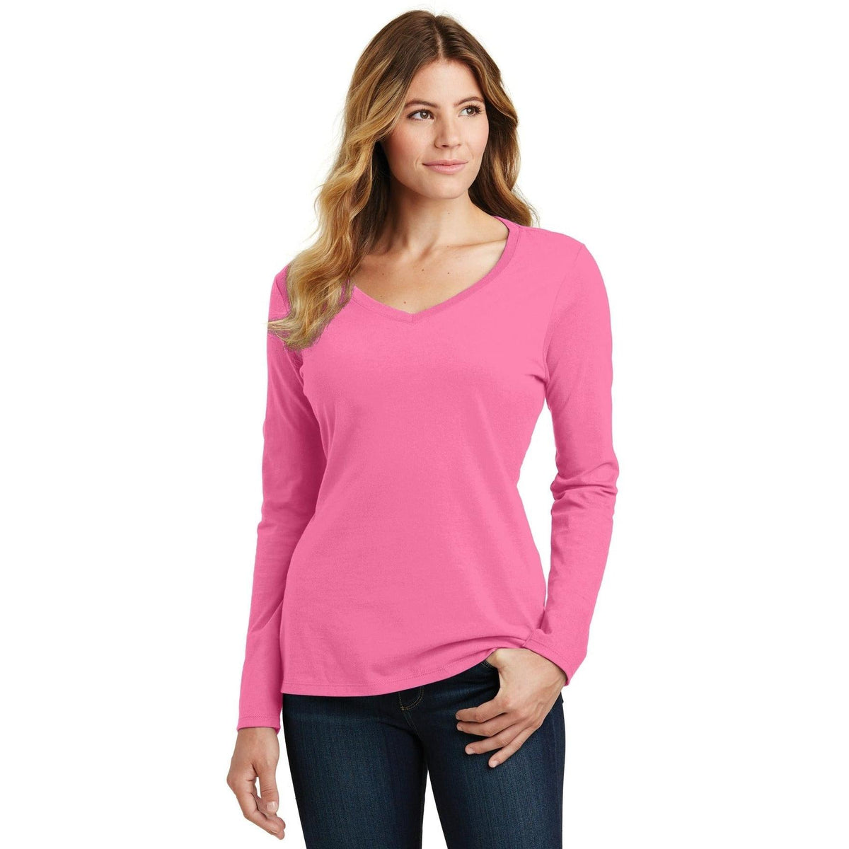 no-logo Port & Company Ladies Long Sleeve Fan Favorite V-Neck Tee-Regular-Port & Company-Thread Logic