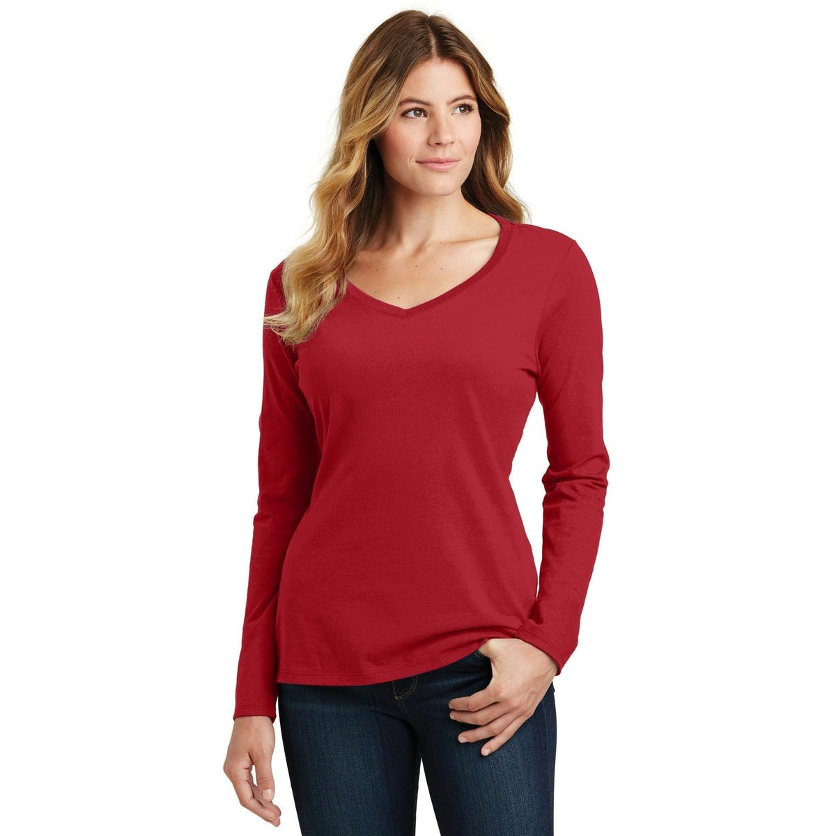 no-logo Port & Company Ladies Long Sleeve Fan Favorite V-Neck Tee-Regular-Port & Company-Thread Logic