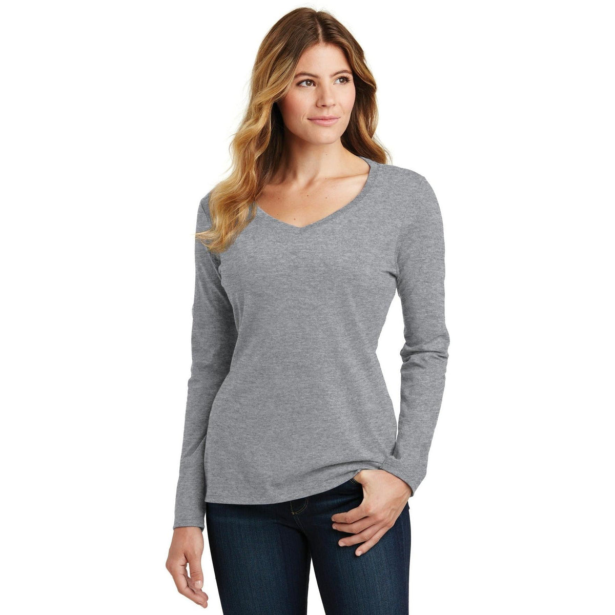 no-logo Port & Company Ladies Long Sleeve Fan Favorite V-Neck Tee-Regular-Port & Company-Thread Logic