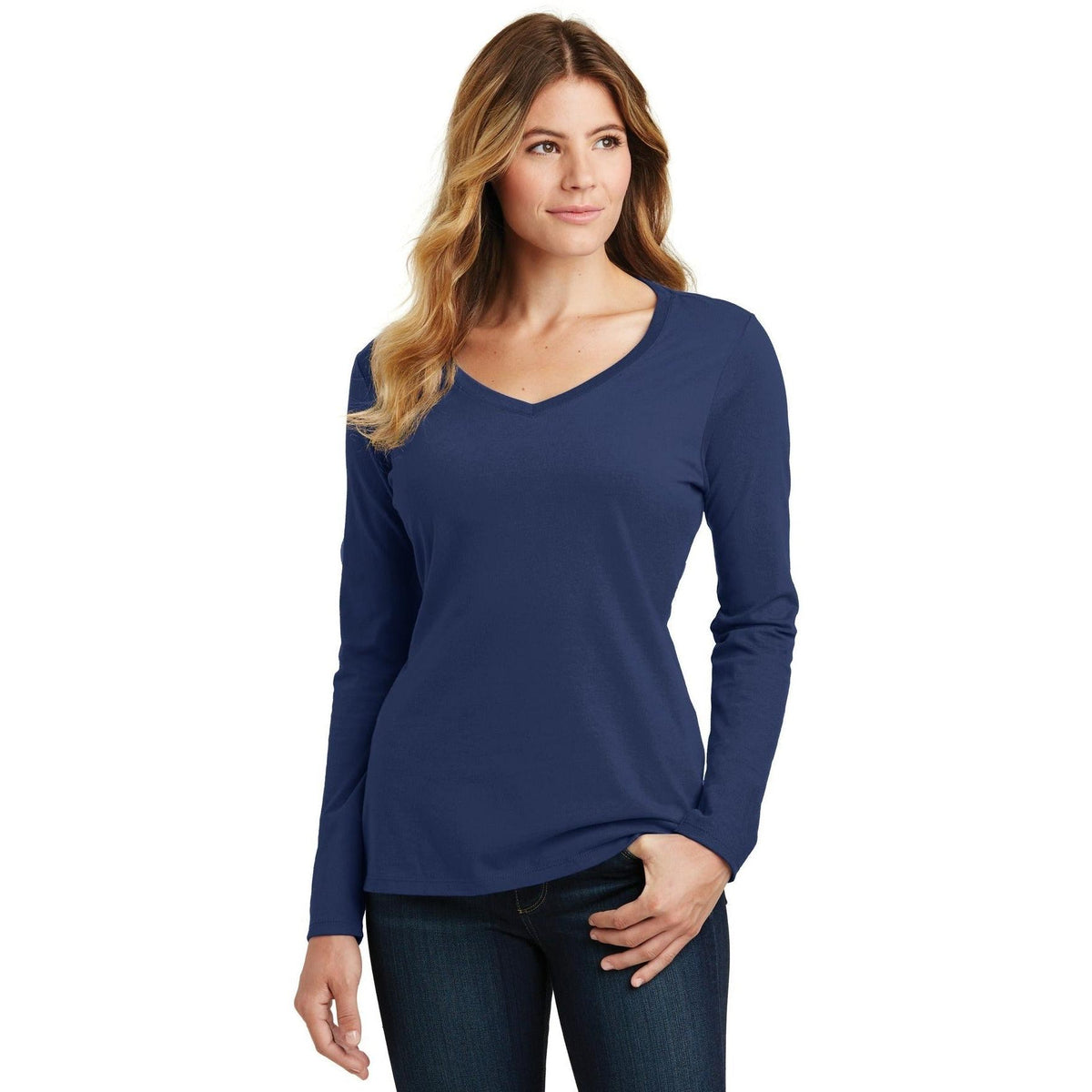no-logo Port & Company Ladies Long Sleeve Fan Favorite V-Neck Tee-Regular-Port & Company-Thread Logic
