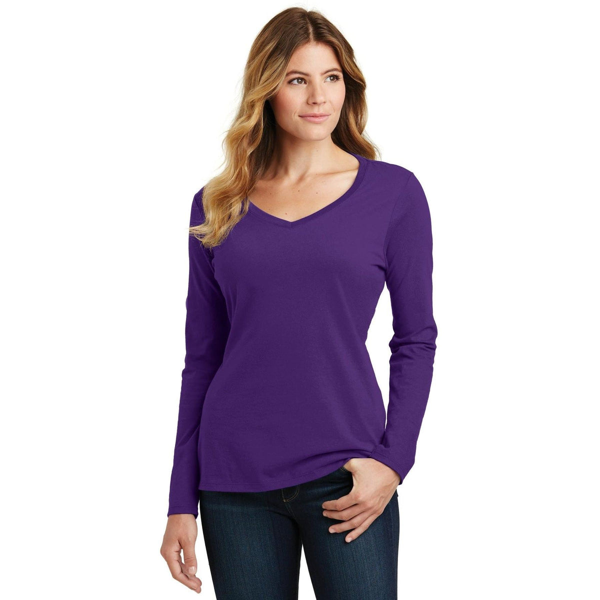 no-logo Port & Company Ladies Long Sleeve Fan Favorite V-Neck Tee-Regular-Port & Company-Thread Logic