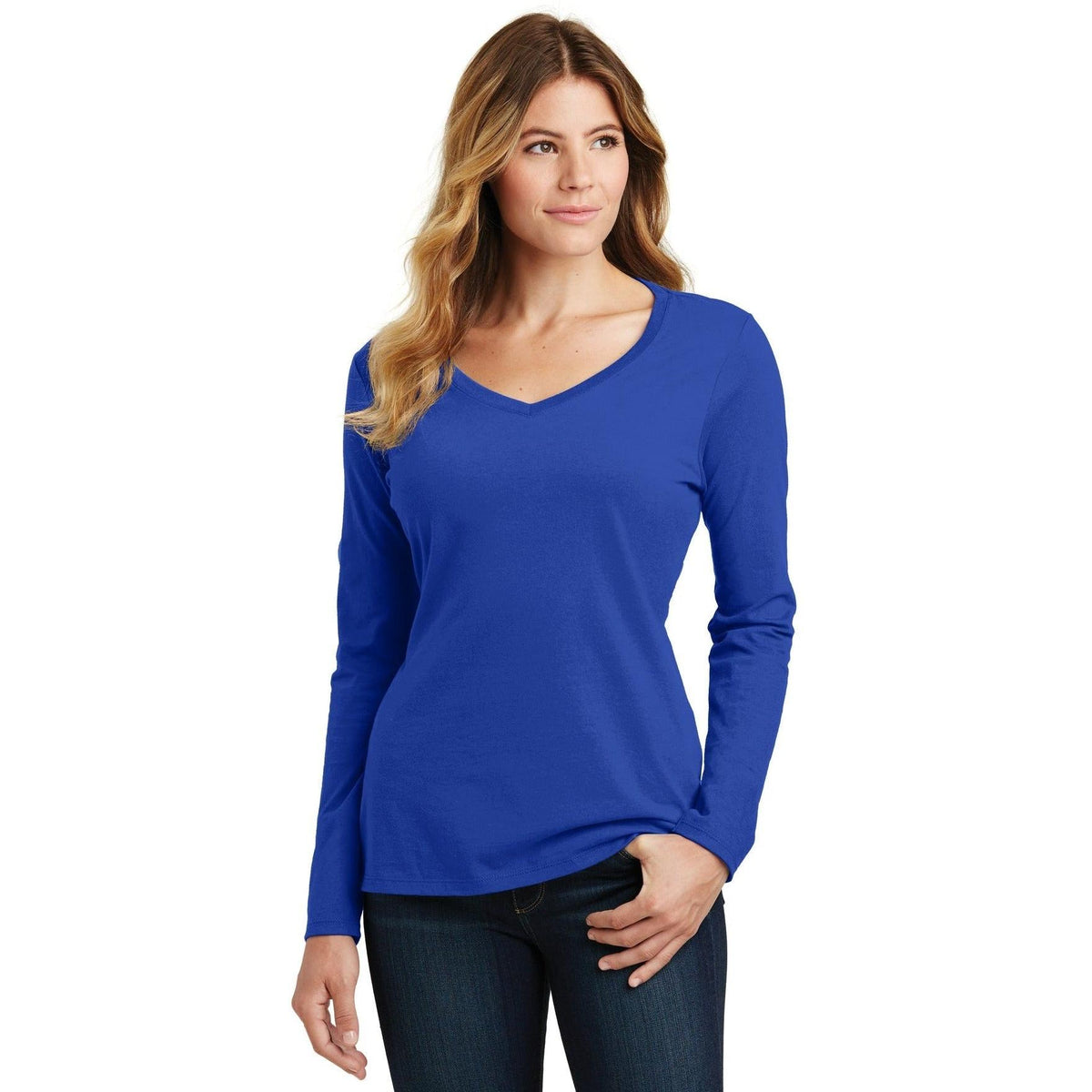 no-logo Port & Company Ladies Long Sleeve Fan Favorite V-Neck Tee-Regular-Port & Company-Thread Logic