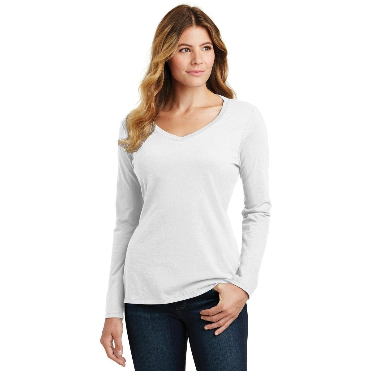 no-logo Port & Company Ladies Long Sleeve Fan Favorite V-Neck Tee-Regular-Port & Company-Thread Logic