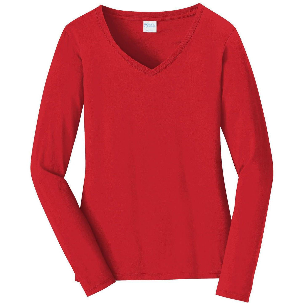 no-logo Port & Company Ladies Long Sleeve Fan Favorite V-Neck Tee