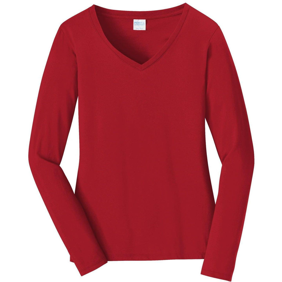 no-logo Port & Company Ladies Long Sleeve Fan Favorite V-Neck Tee