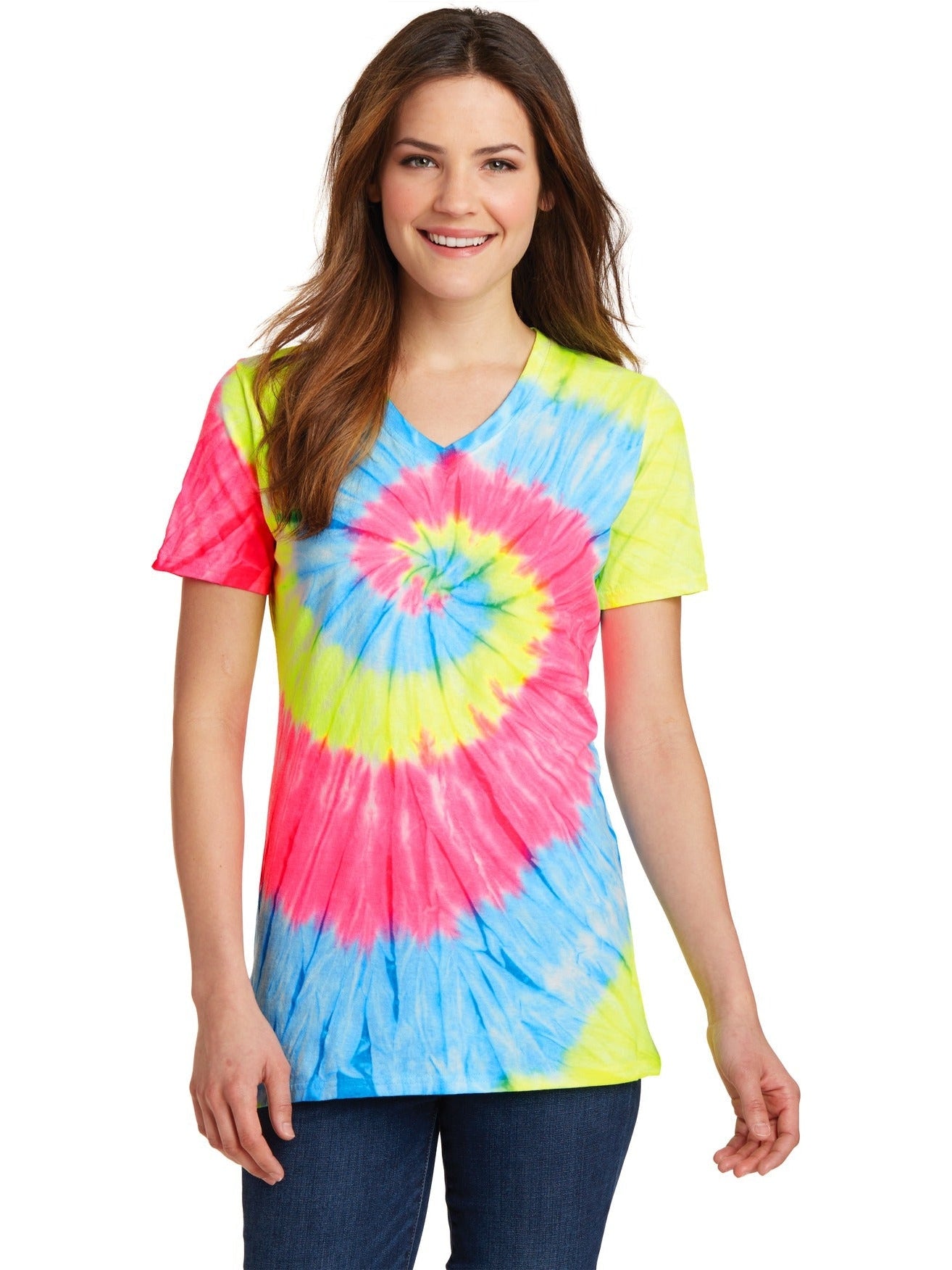 no-logo Port & Company Ladies Tie-Dye V-Neck Tee-Regular-Port & Company-Thread Logic