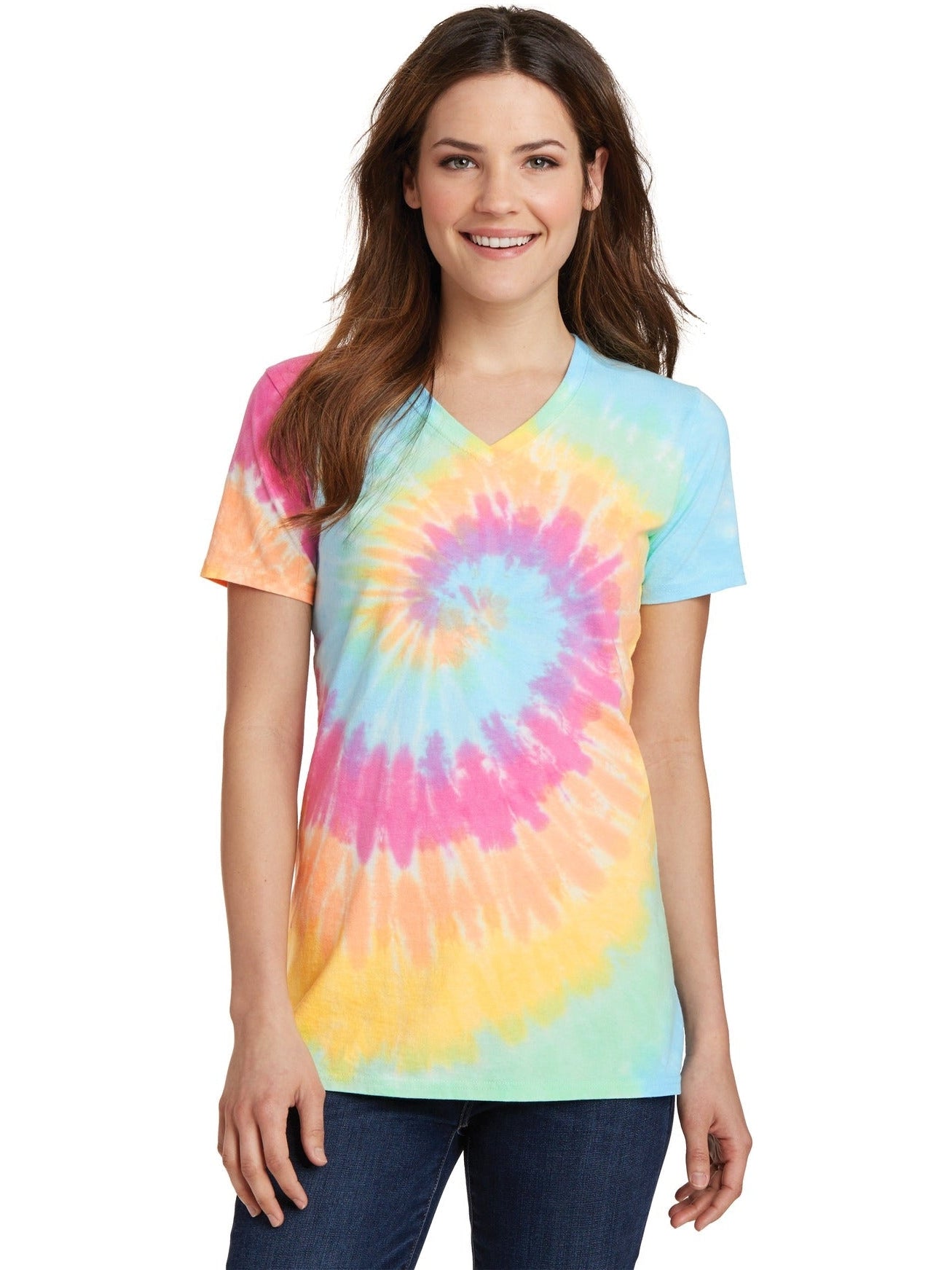 no-logo Port & Company Ladies Tie-Dye V-Neck Tee-Regular-Port & Company-Thread Logic