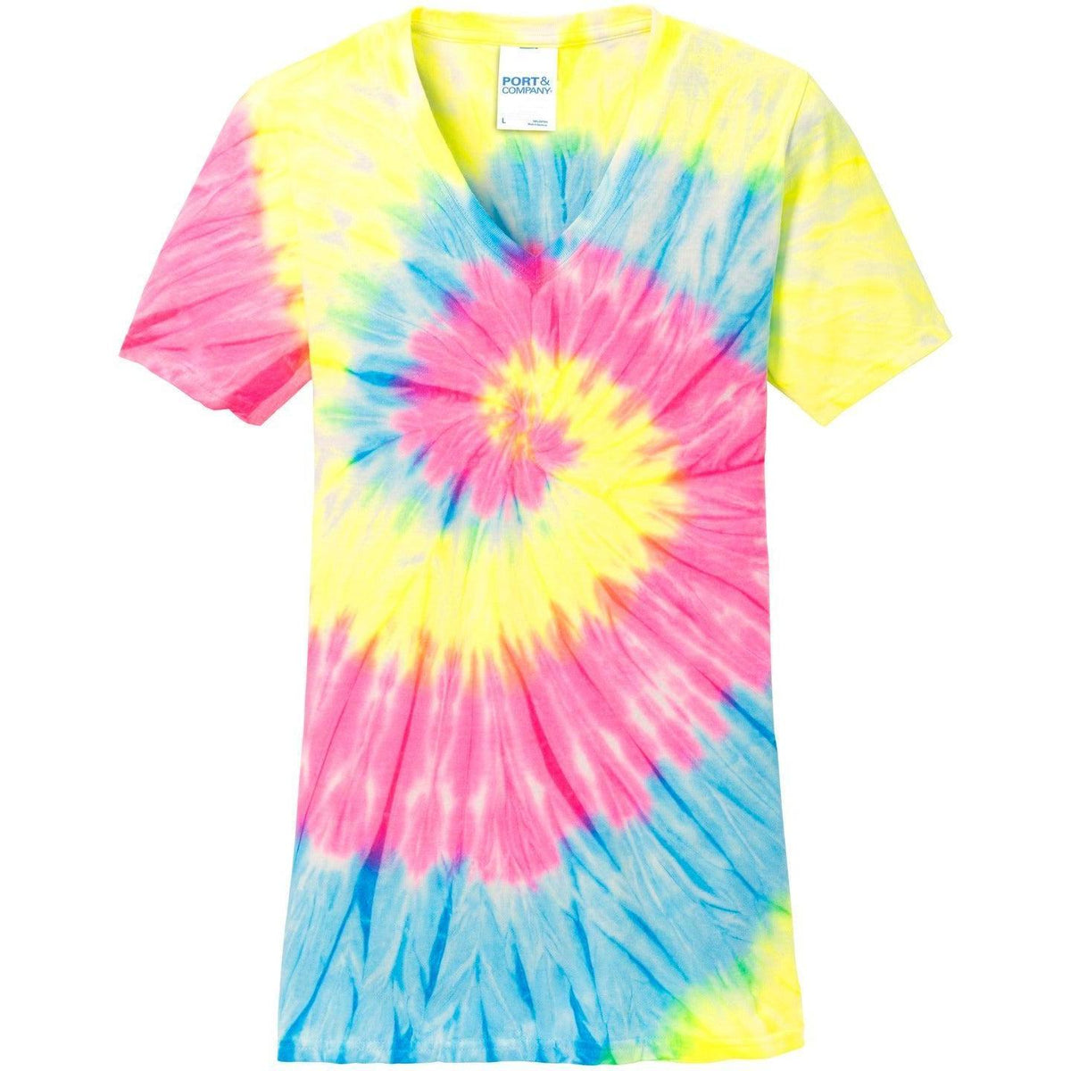 no-logo Port & Company Women's Tie-Dye V-Neck Tee-Polos-Port & Company-Neon Rainbow-XS-Thread Logic