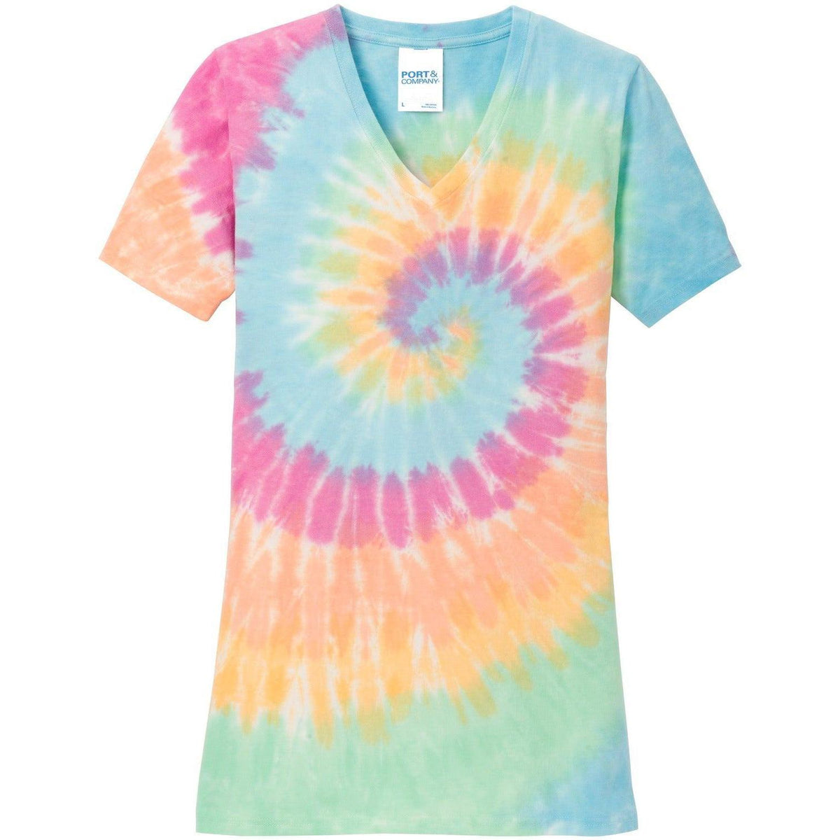 no-logo Port & Company Women's Tie-Dye V-Neck Tee-Polos-Port & Company-Pastel Rainbow-XS-Thread Logic