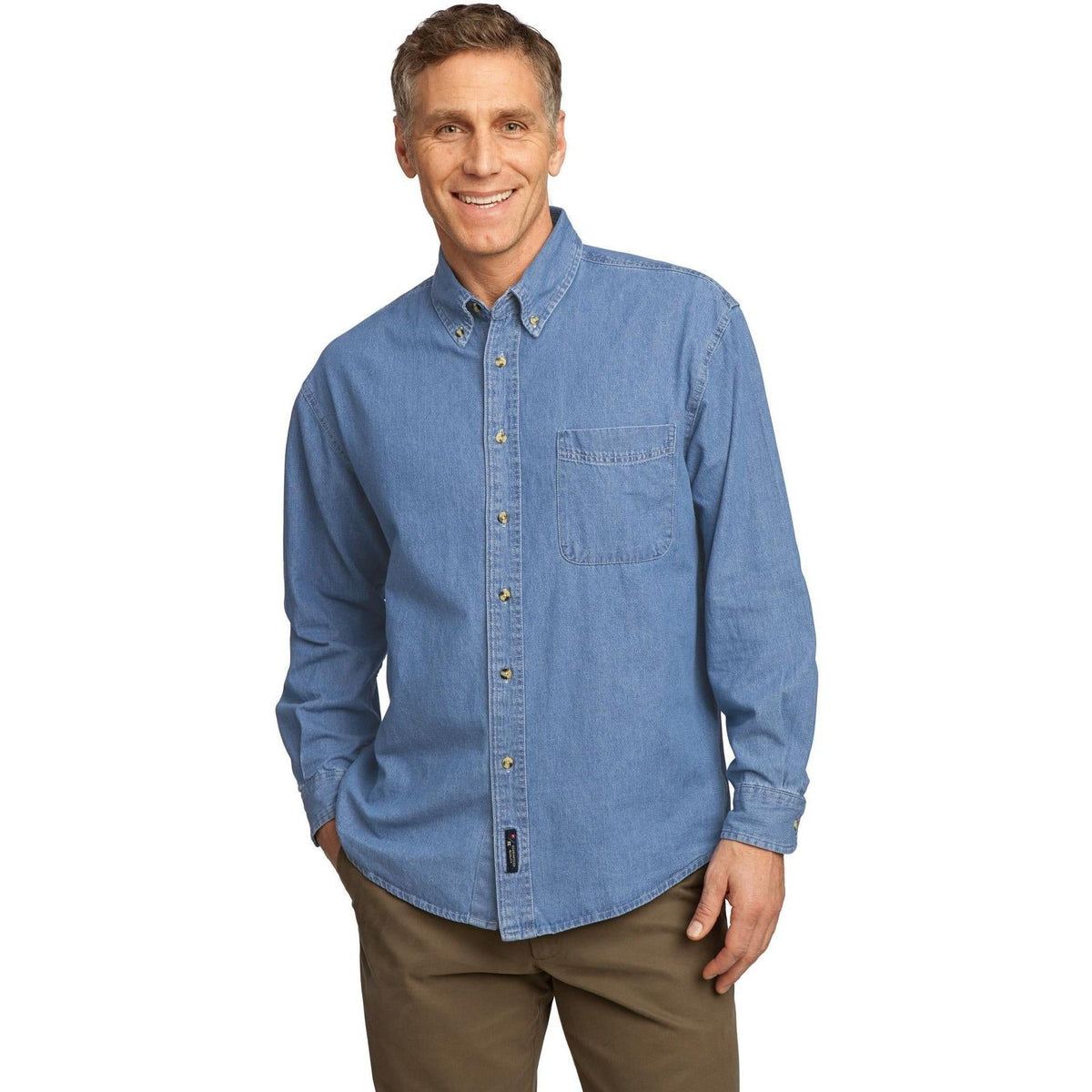 no-logo Port & Company Long Sleeve Value Denim Shirt-Dress Shirts-Port & Company-Thread Logic