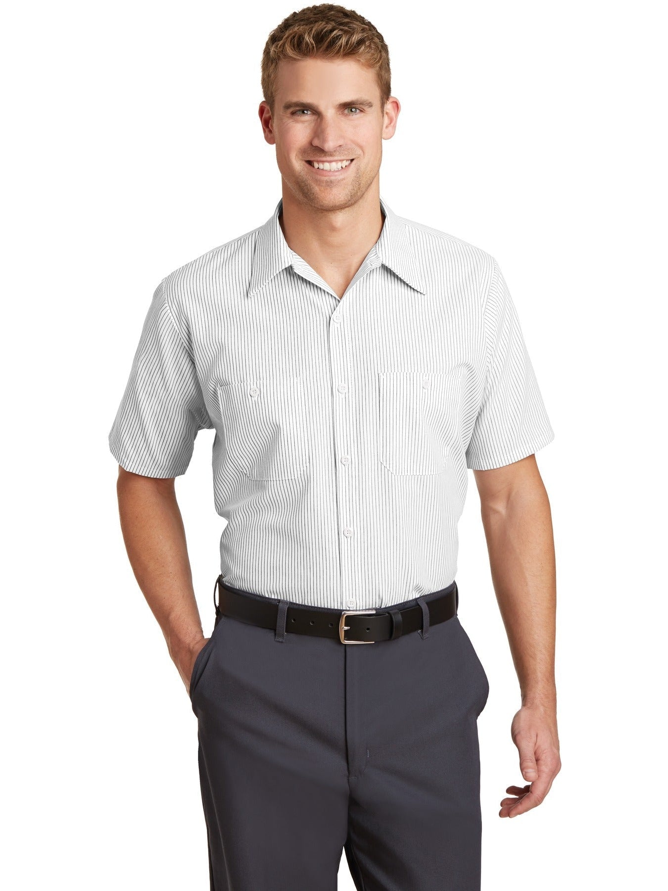 no-logo Red Kap Short Sleeve Striped Industrial Work Shirt-Regular-Red Kap-Grey/White-S-Thread Logic