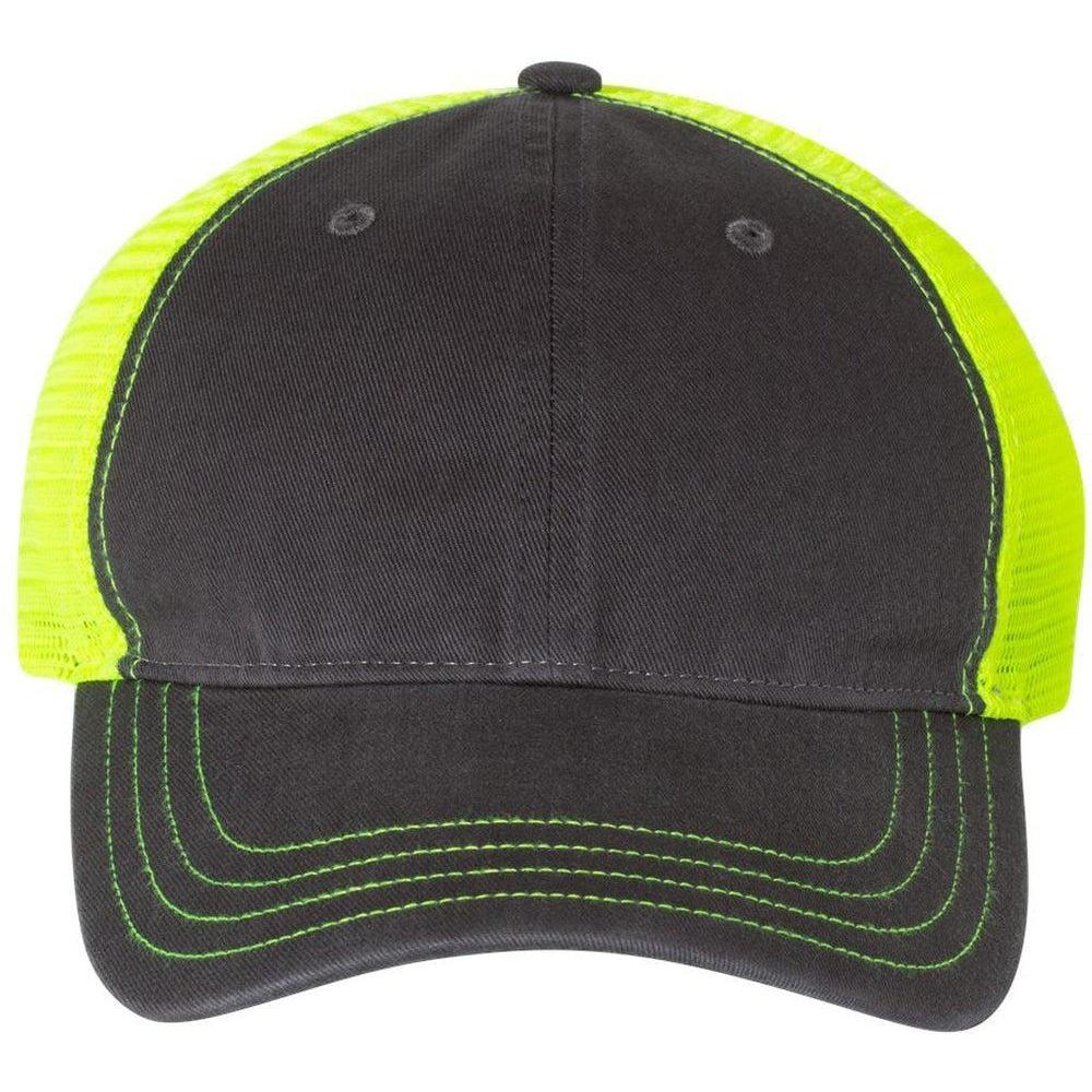 no-logo Richardson Garment Washed Trucker Cap-Headwear-Richardson-Charcoal/Neon Yellow-OSFA-Thread Logic
