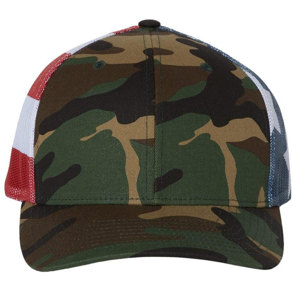 no-logo Richardson Printed MeshBack Trucker Cap-Headwear-Richardson-Green Camo/Stars & Stripes-OSFA-Thread Logic