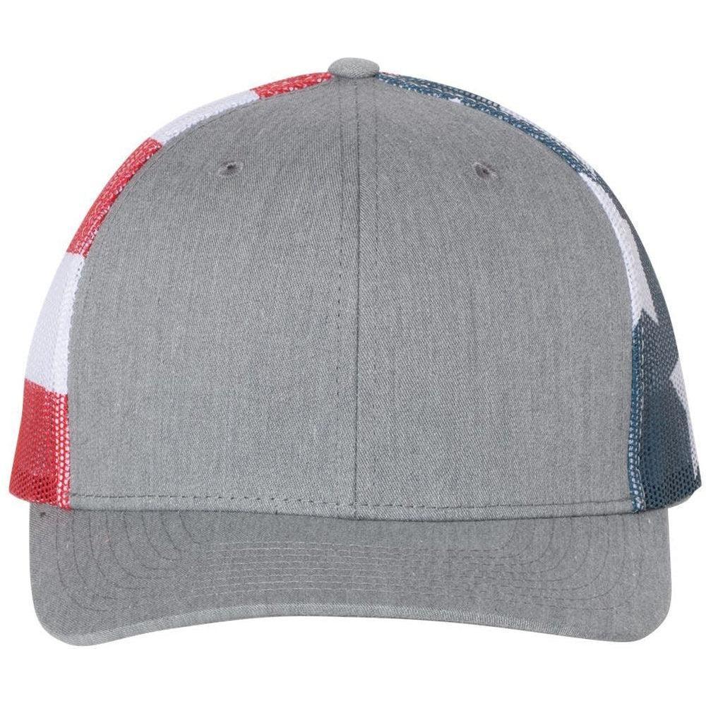 no-logo Richardson Printed MeshBack Trucker Cap-Headwear-Richardson-Heather Grey/Stars & Stripes-OSFA-Thread Logic