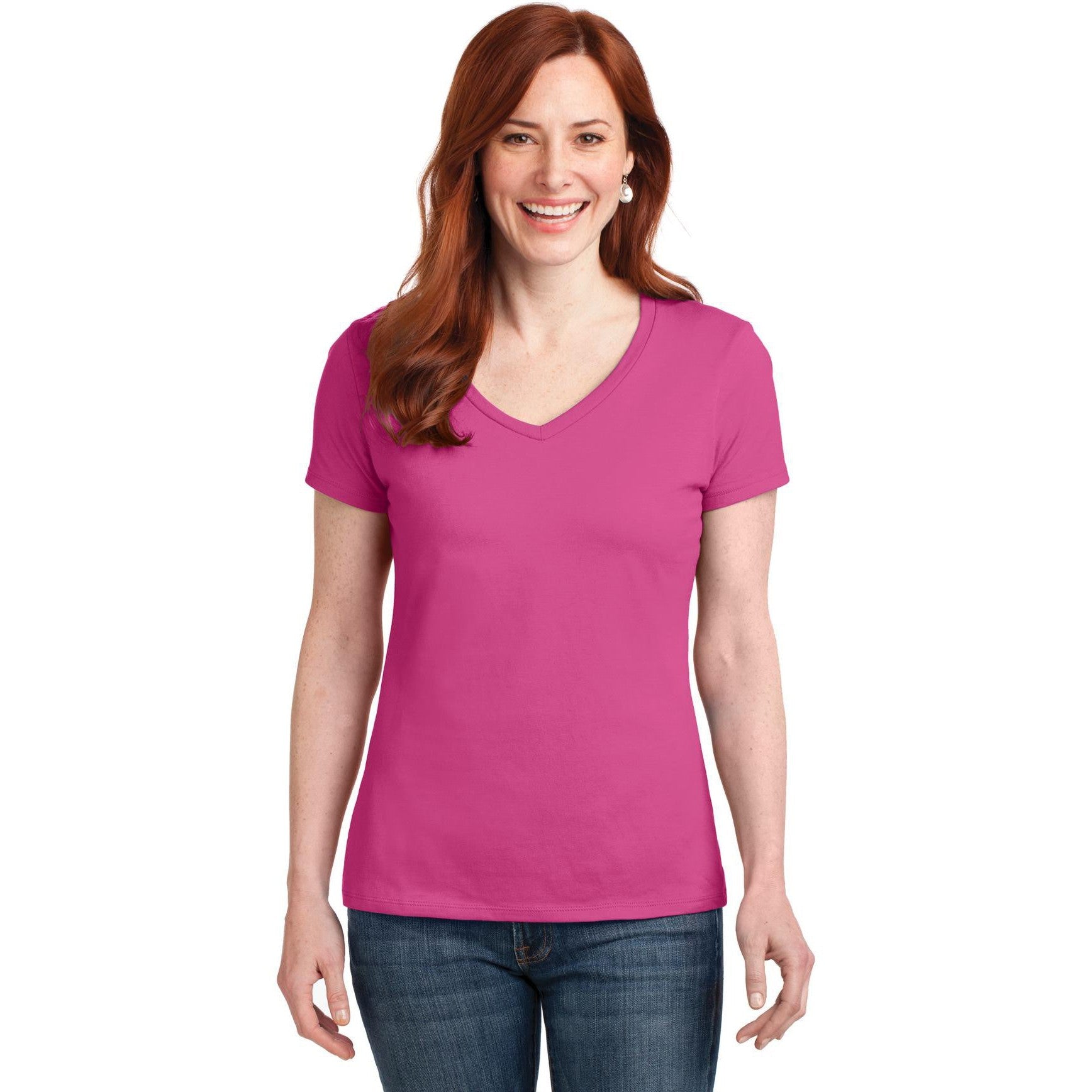 no-logo CLOSEOUT - Hanes Ladies Perfect-T Cotton V-Neck T-Shirt-Hanes-Wow Pink-XS-Thread Logic
