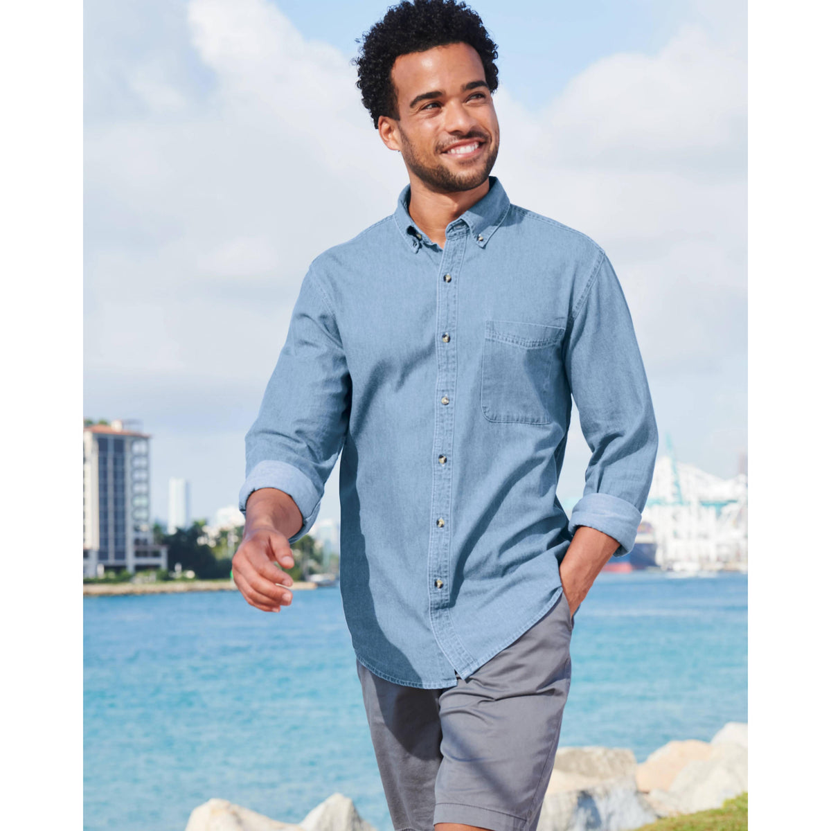no-logo Port & Company Long Sleeve Value Denim Shirt-Dress Shirts-Port & Company-Thread Logic