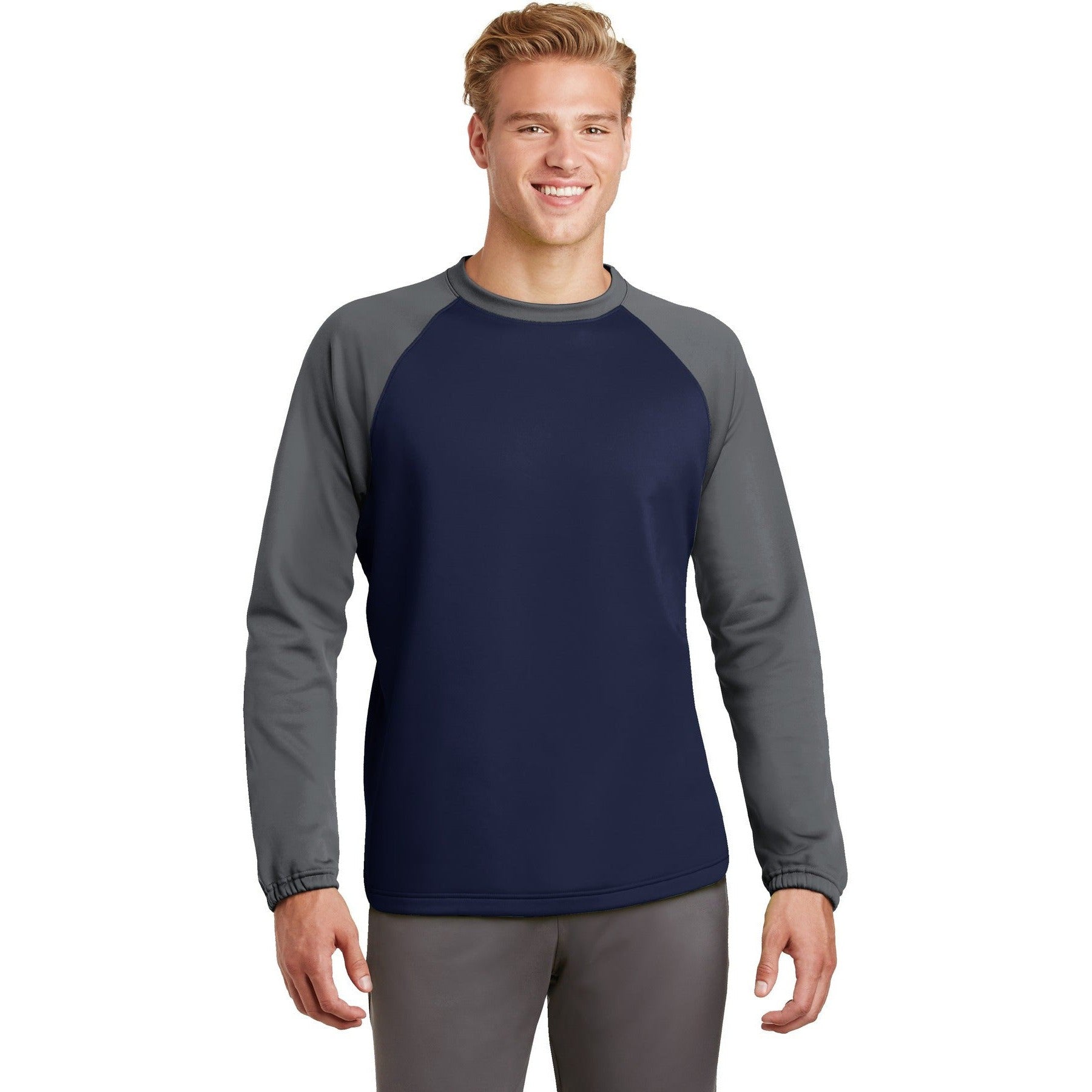 no-logo CLOSEOUT - Sport-Tek Sport-Wick Raglan Colorblock Fleece Crewneck-Sport-Tek-Navy/Dark Smoke Grey-XS-Thread Logic