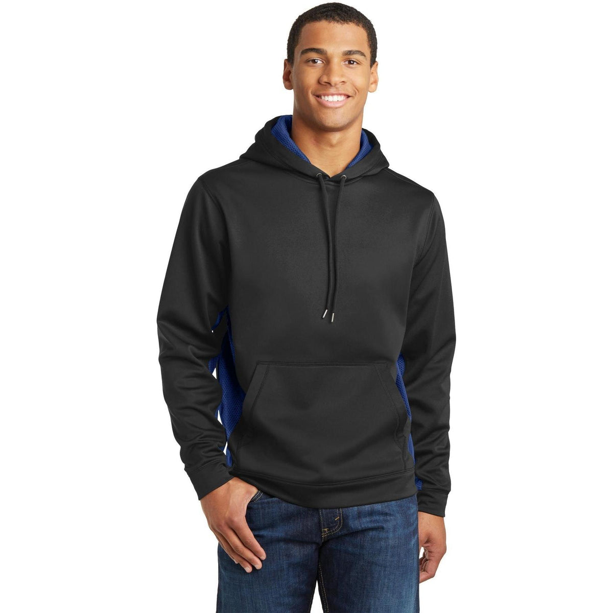 logo-left Sport-Tek CamoHex Fleece Colorblock Hooded Pullover-Hoodies-Sport-Tek-Black/True Royal-S-Thread Logic