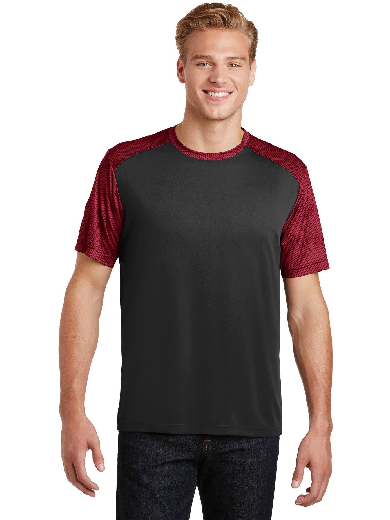 Sport-Tek Camohex Colorblock Tee-Regular-Sport-Tek-Black/Deep Red-S-Thread Logic