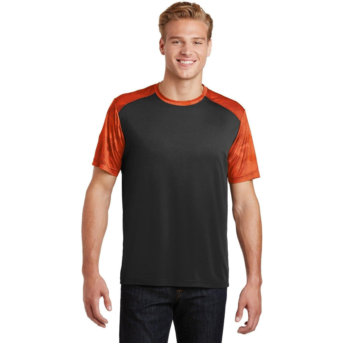 no-logo Sport-Tek Camohex Colorblock Tee-Regular-Sport-Tek-Black/Neon Orange-S-Thread Logic