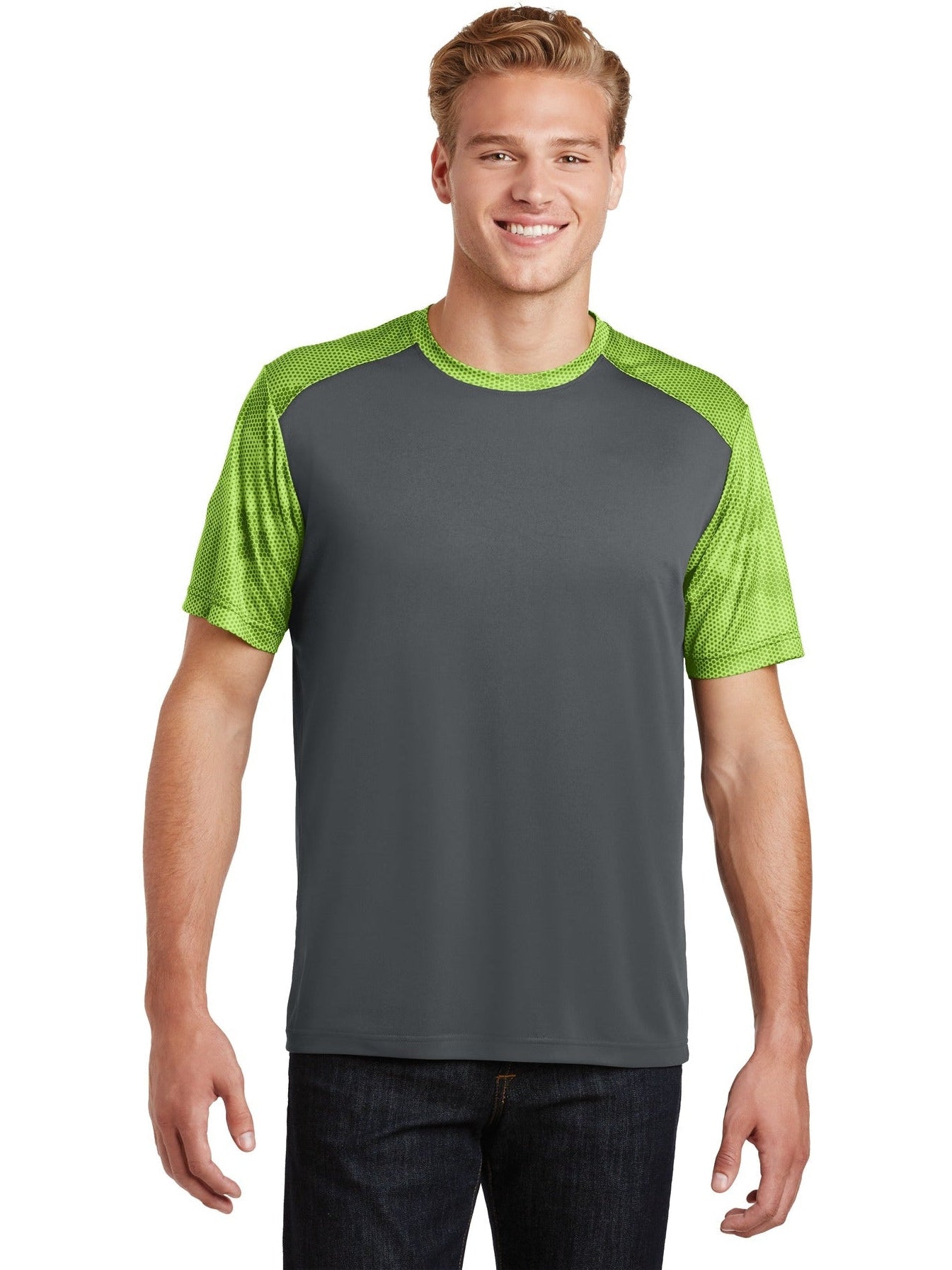 Sport-Tek Camohex Colorblock Tee-Regular-Sport-Tek-Iron Grey/Lime Shock-S-Thread Logic