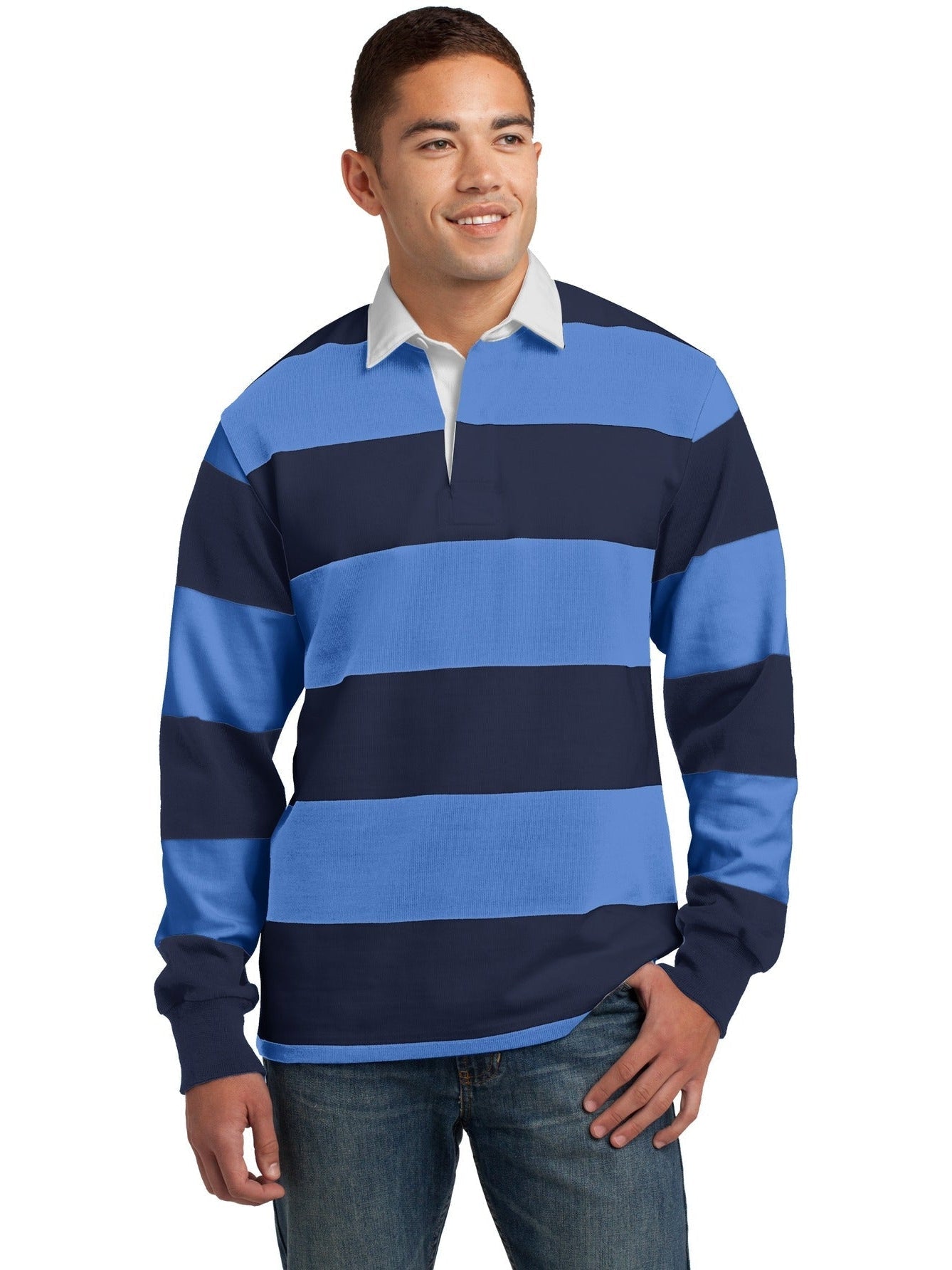 Sport-Tek Classic Long Sleeve Rugby Polo-Regular-Sport-Tek-True Navy/Carolina Blue-S-Thread Logic