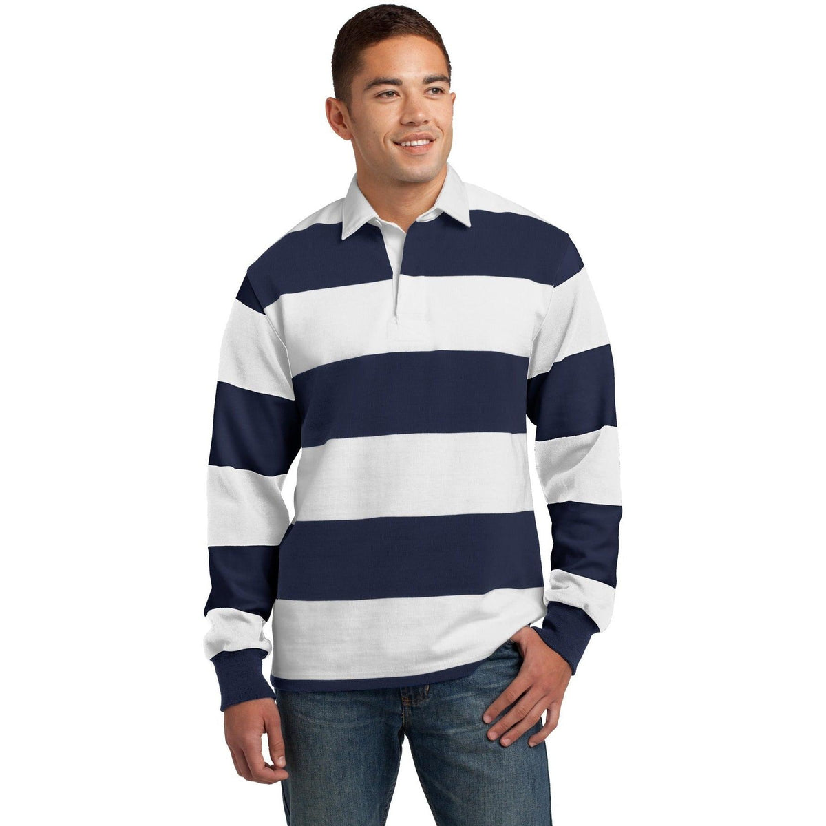 no-logo Sport-Tek Classic Long Sleeve Rugby Polo-Polos-Sport-Tek-True Navy/White-S-Thread Logic
