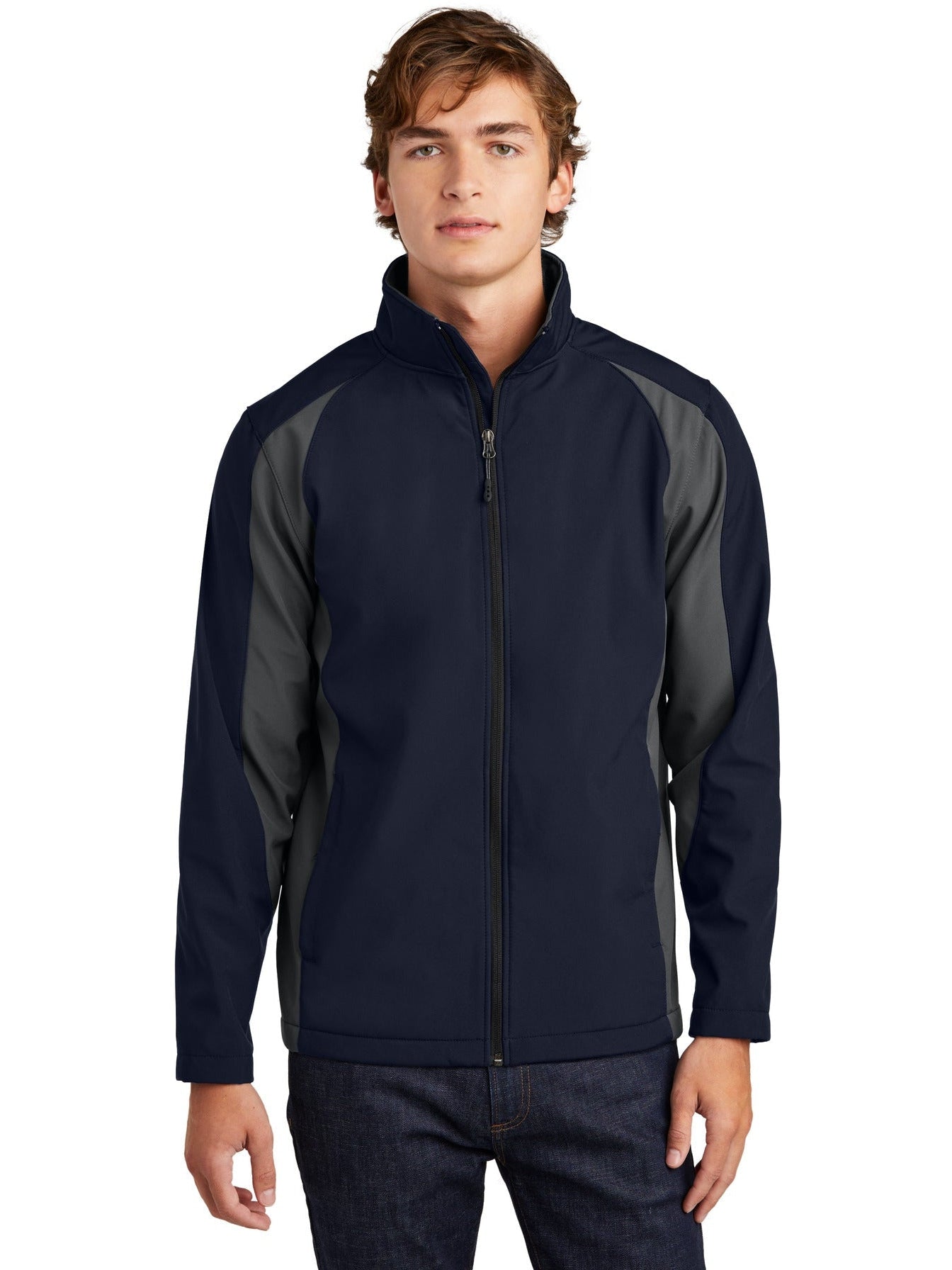 Sport-Tek Colorblock Soft Shell Jacket-Regular-Sport-Tek-True Navy/Iron Grey-S-Thread Logic