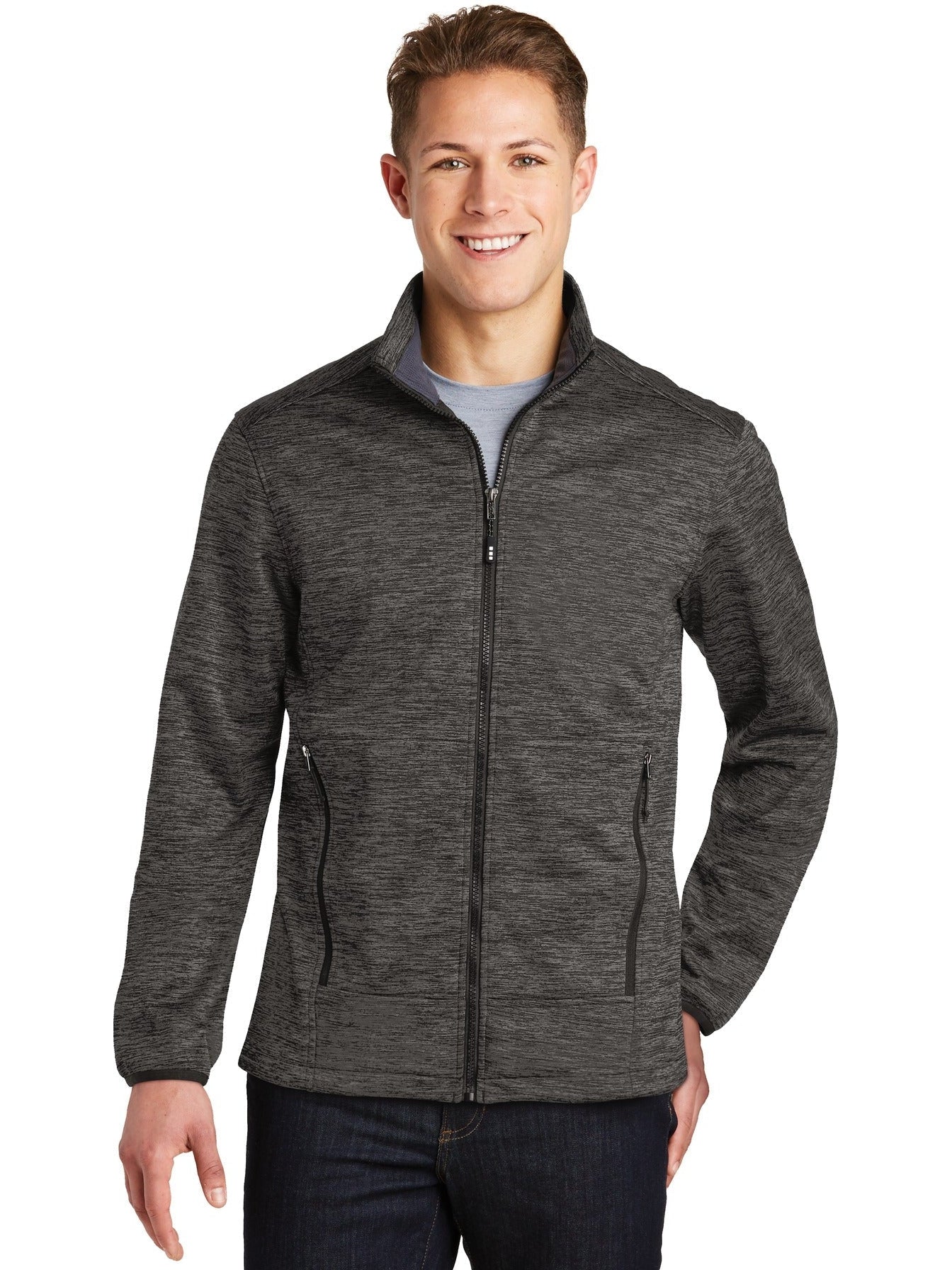 No-Logo CLOSEOUT - Sport-Tek Electric Heather Soft Shell Jacket-Active-Sport-Tek-Grey-Black Electric-S-Thread Logic