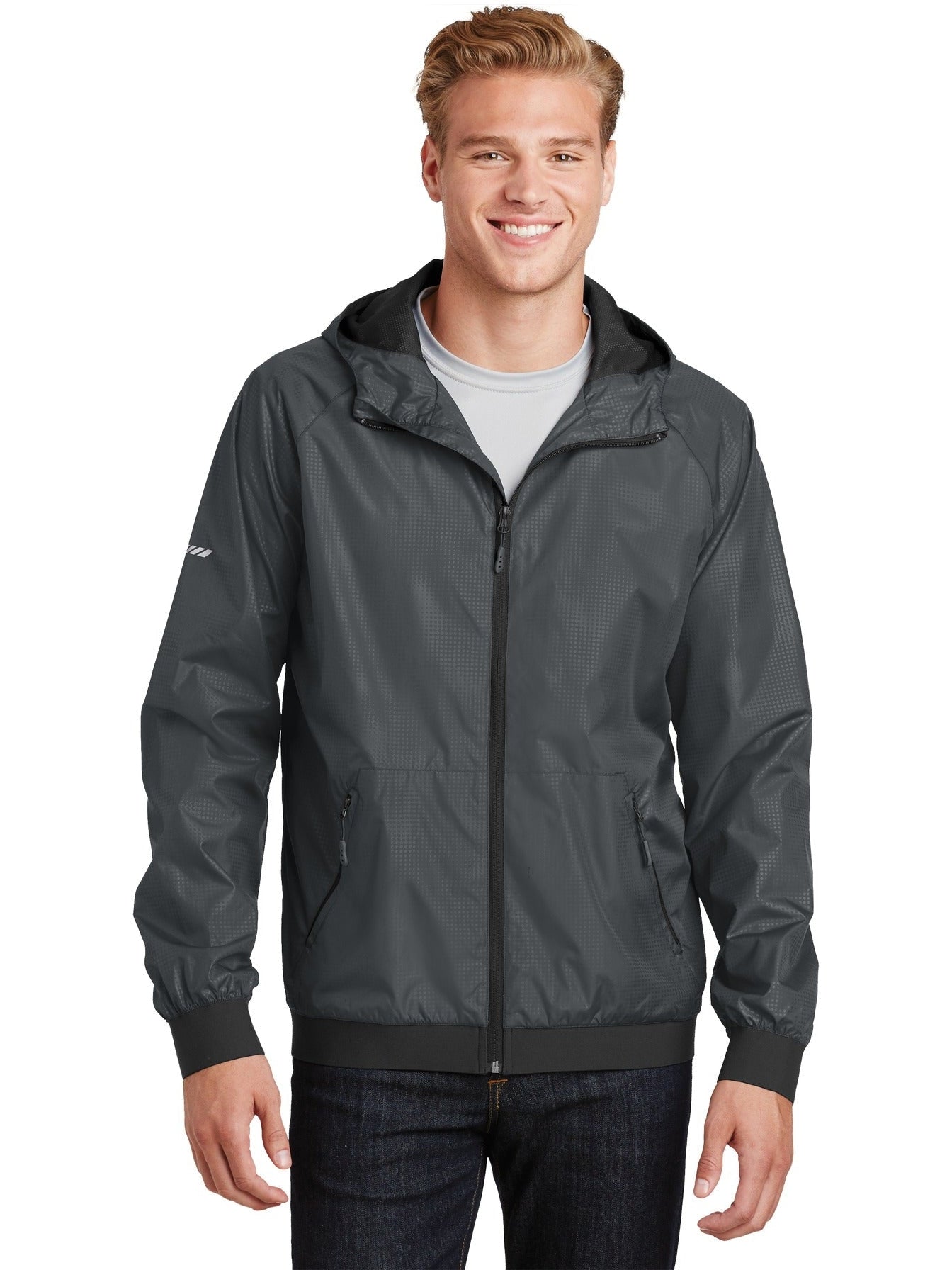 Sport-Tek Embossed Hooded Wind Jacket-Regular-Sport-Tek-Graphite/Black-S-Thread Logic